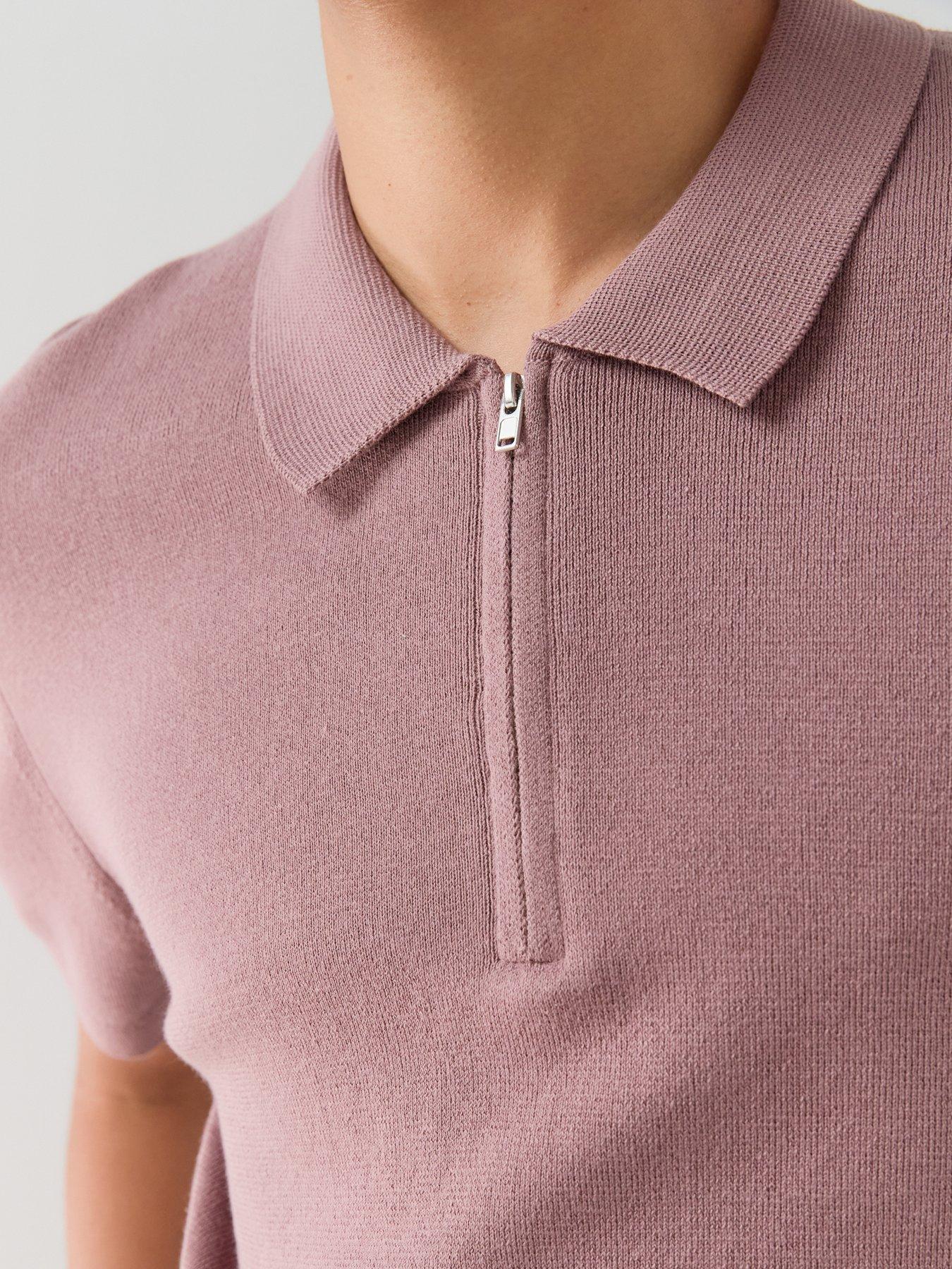 Image 4 of 7 of The Very Collection Short Sleeve Zip Neck Polo Shirt - Dusky Pink