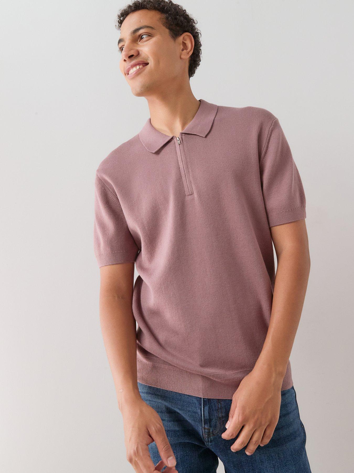 Image 5 of 7 of The Very Collection Short Sleeve Zip Neck Polo Shirt - Dusky Pink