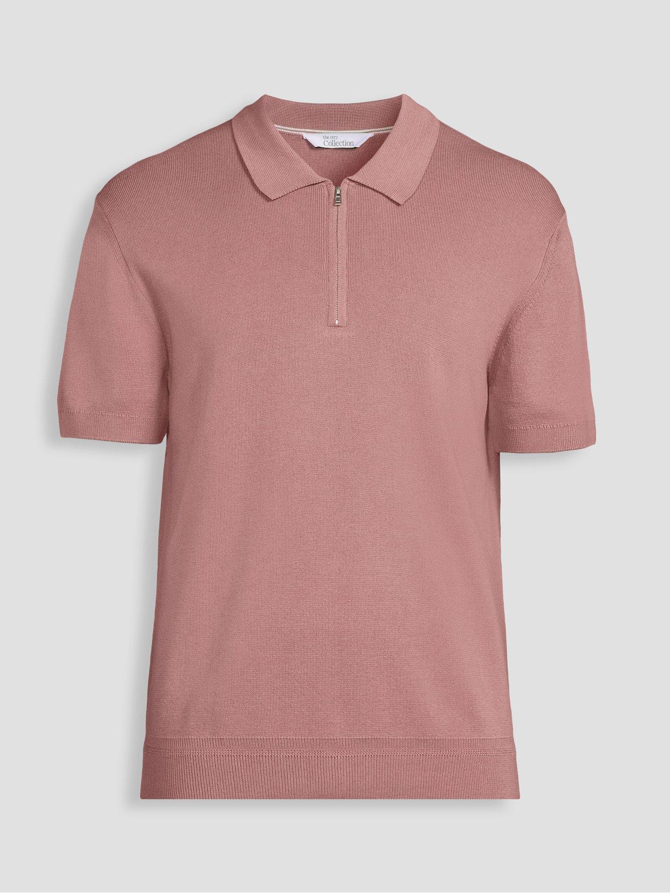 Image 7 of 7 of The Very Collection Short Sleeve Zip Neck Polo Shirt - Dusky Pink