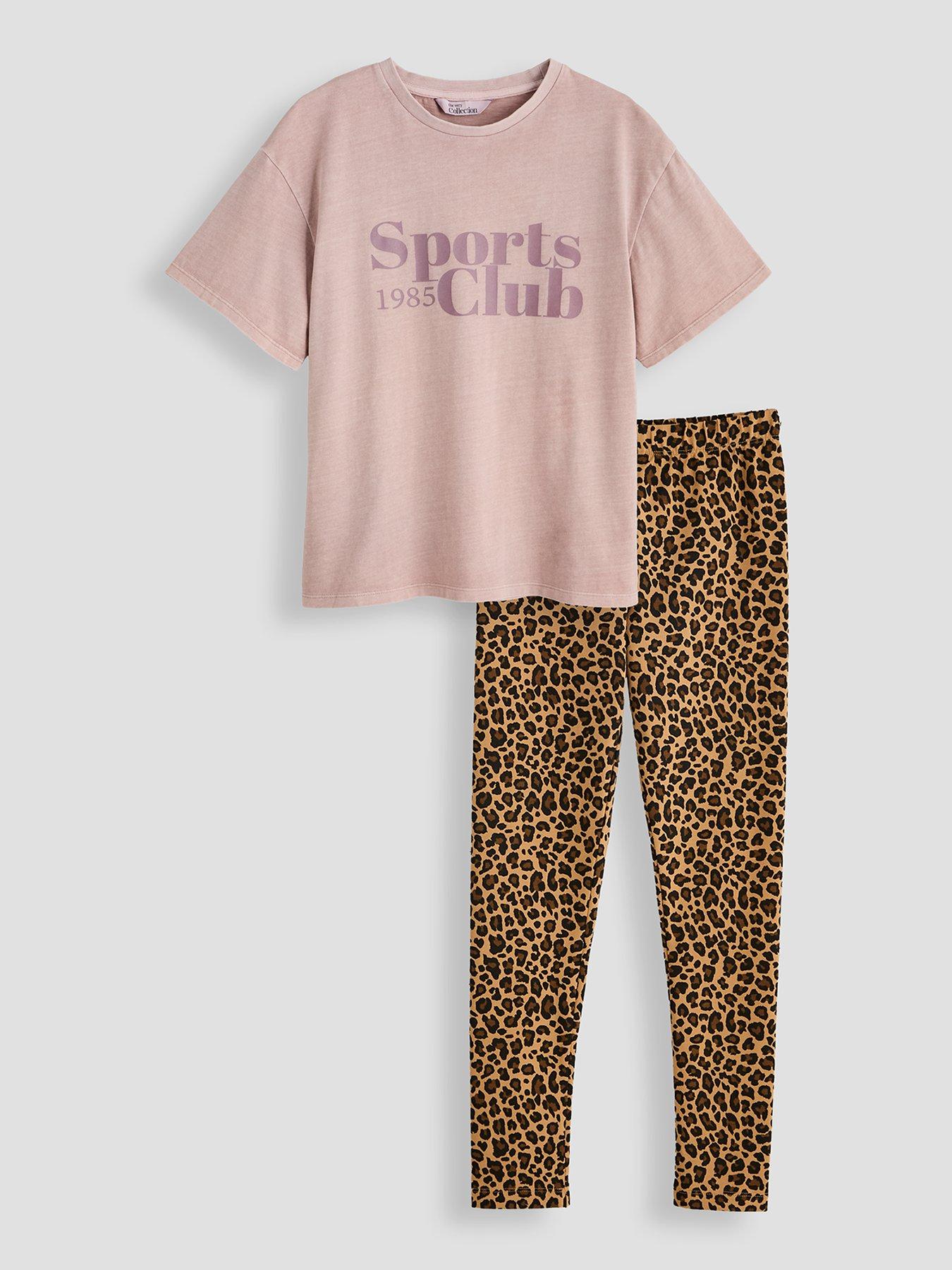 Image 1 of 5 of The Very Collection Girls Oversized Slogan T-Shirt Leopard Leggings Set - Multi