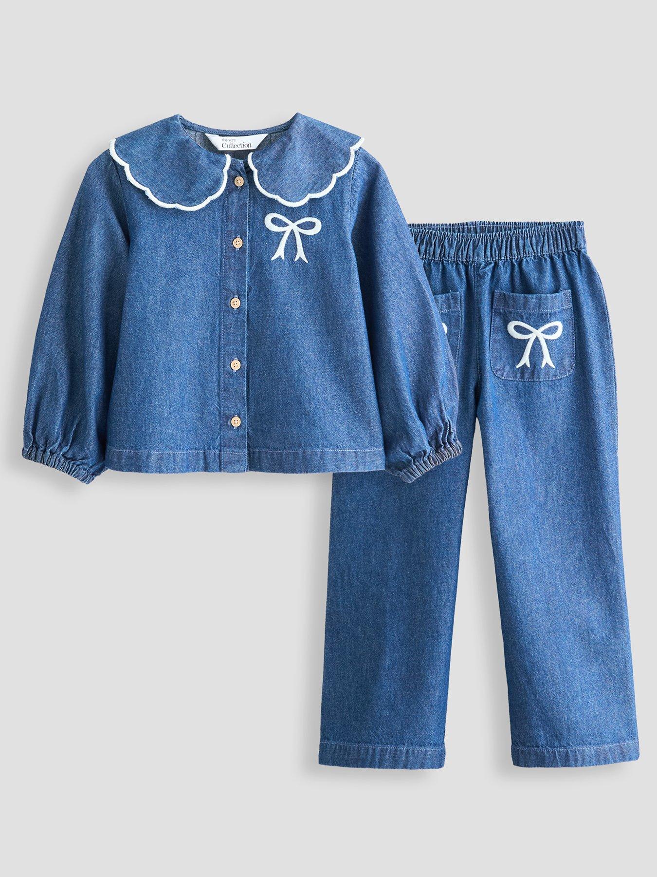 The Very Collection Girls Button-Up Denim Outfit with Contrast Collar and Bow Details - Blue