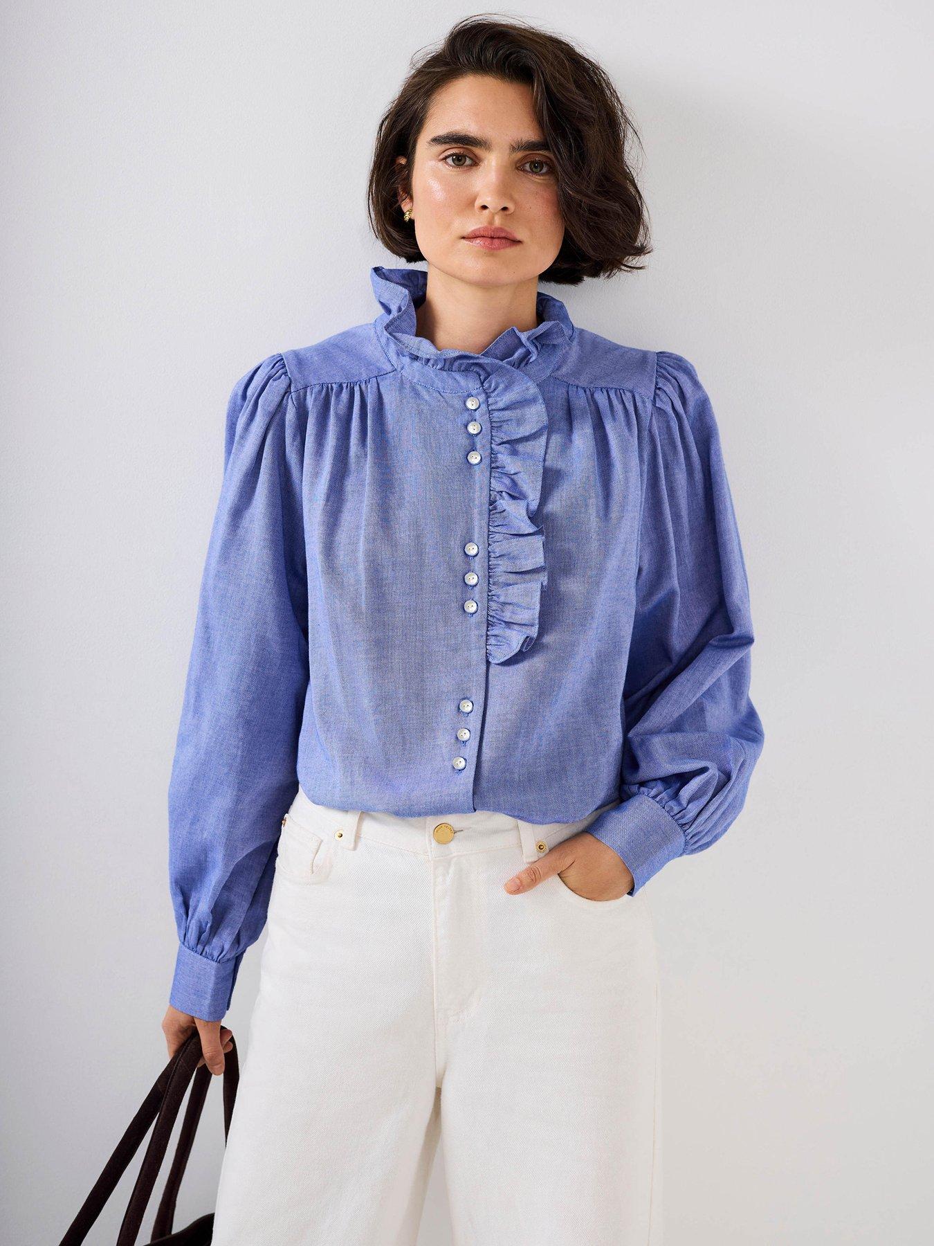 mint-velvet-chambray-ruffle-blouse-bluestillFront
