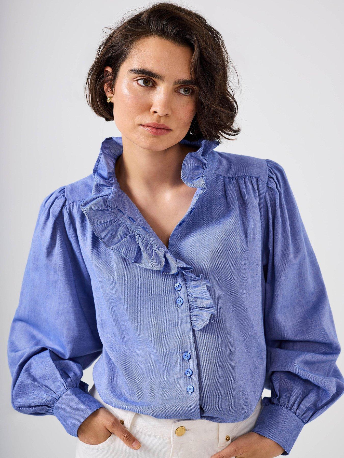 mint-velvet-chambray-ruffle-blouse-blueoutfit