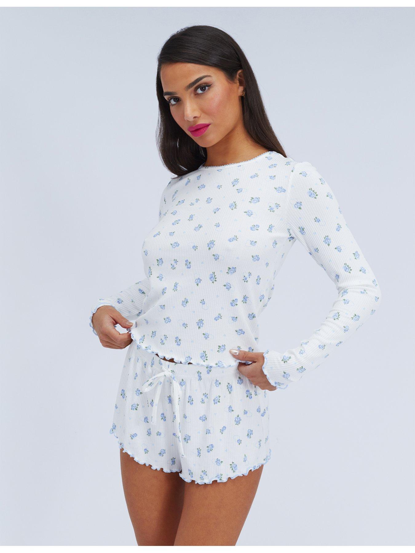 Image 1 of 6 of Boux Avenue Floral Rib Short Pj Set - Ivory Mix
