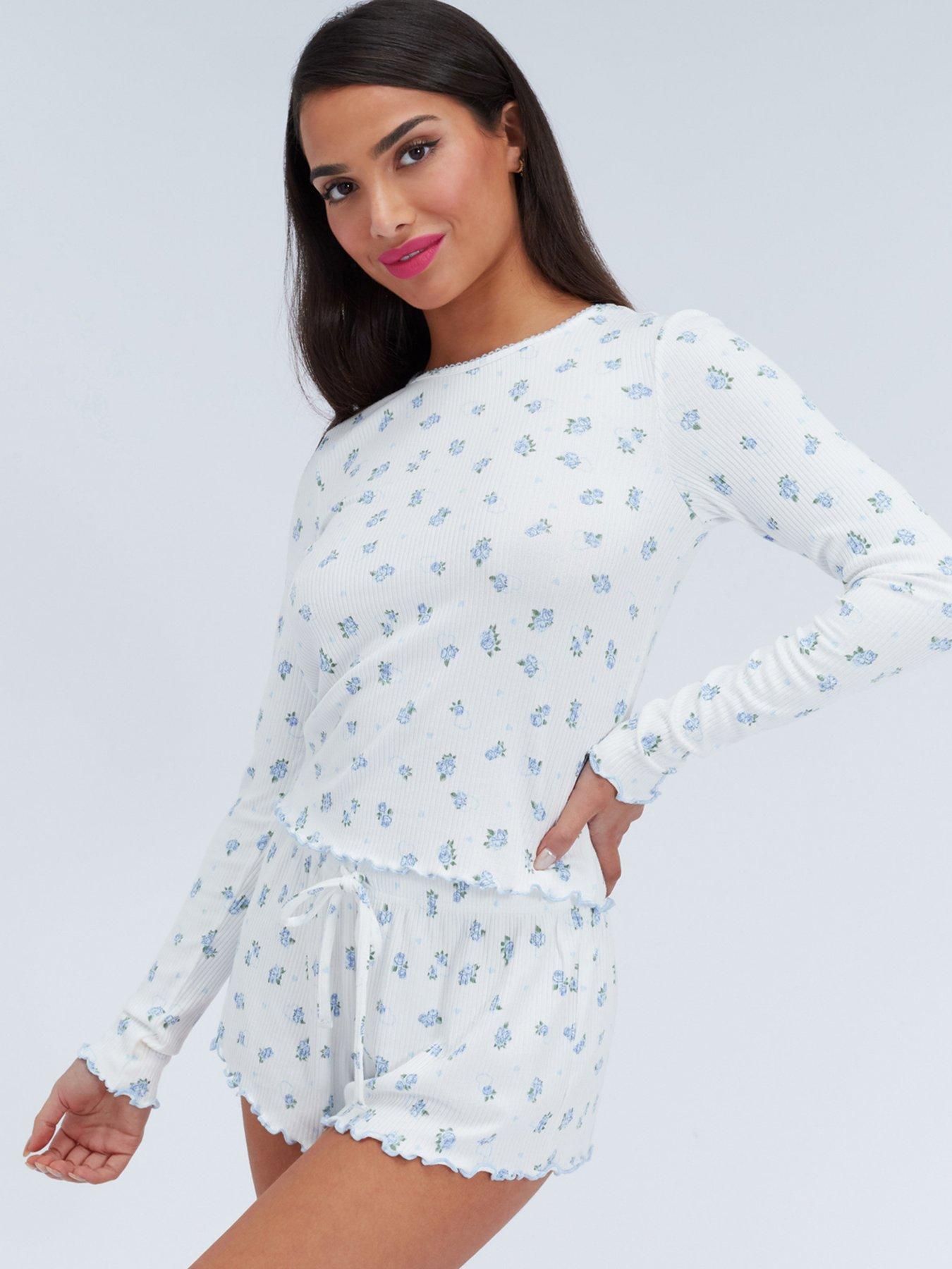 Image 4 of 6 of Boux Avenue Floral Rib Short Pj Set - Ivory Mix