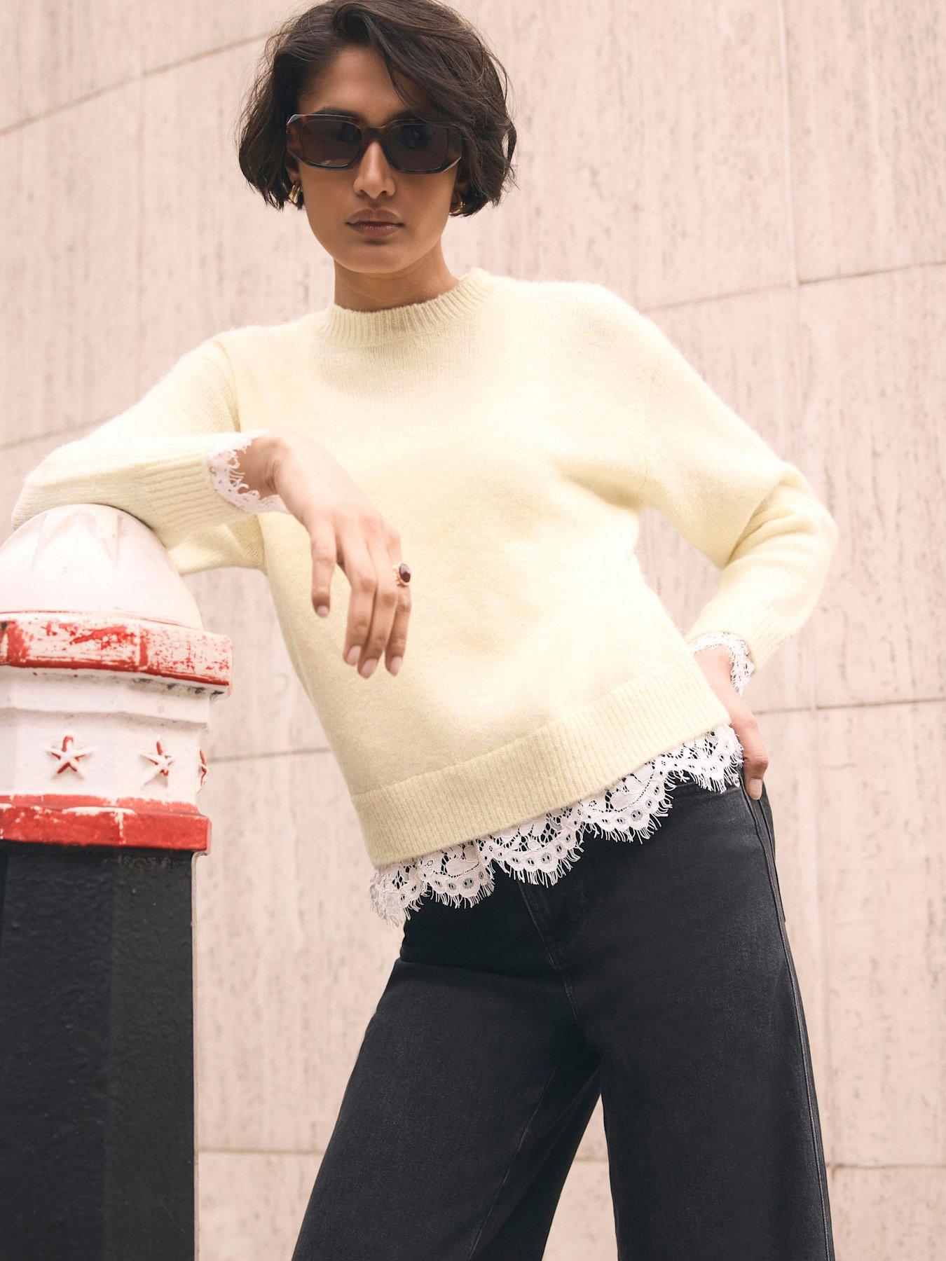 Image 1 of 4 of Mint Velvet Lace Hem Jumper - Yellow