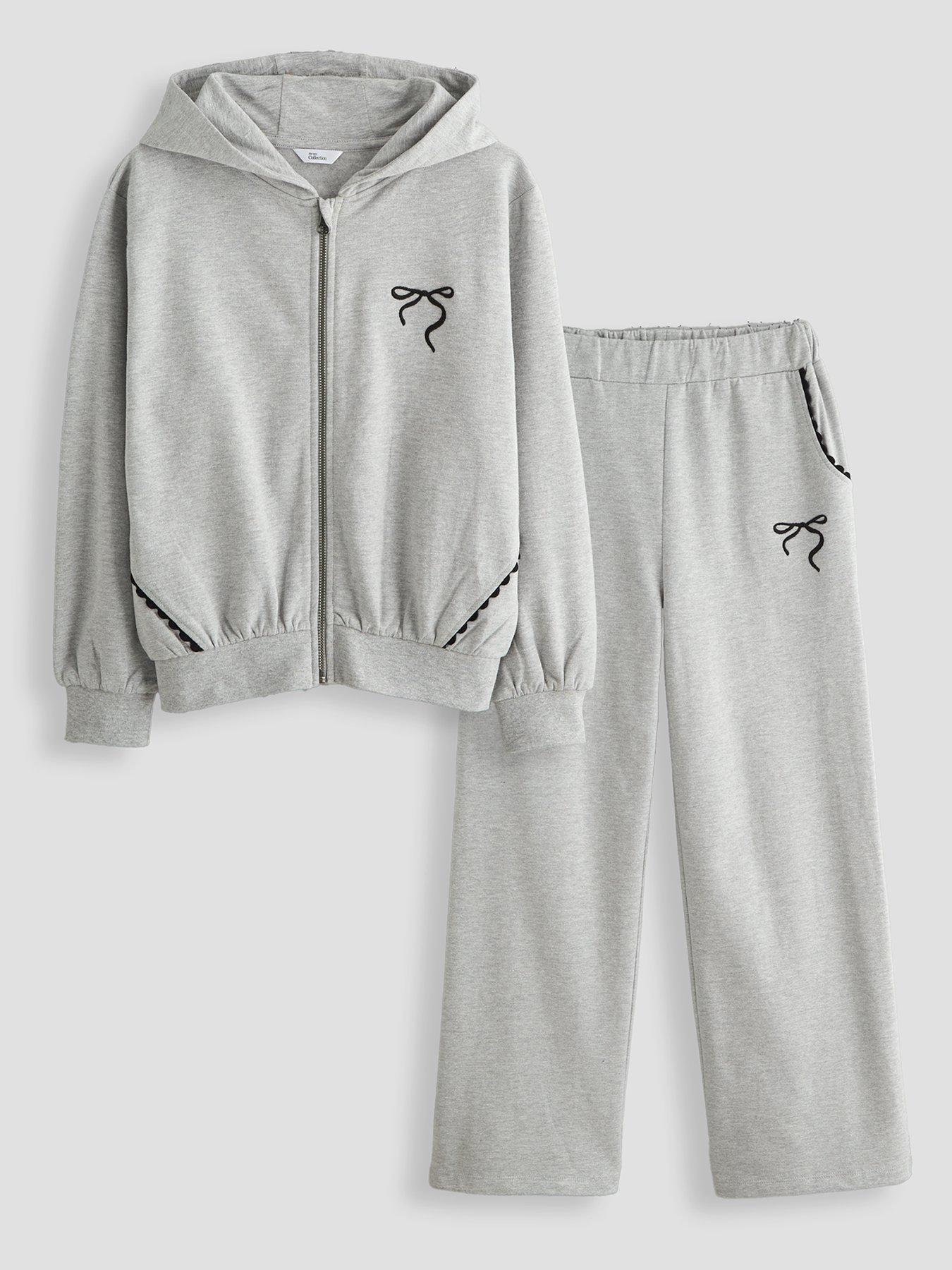 Image 1 of 4 of The Very Collection Girls Lace Trim Zip Up Hoody And Jogger Outfit (3 - 16 years) - Grey