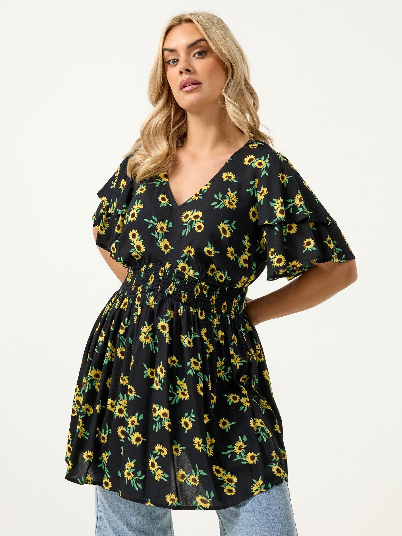 yours-curve-sunflower-print-flutter-sleeve-top