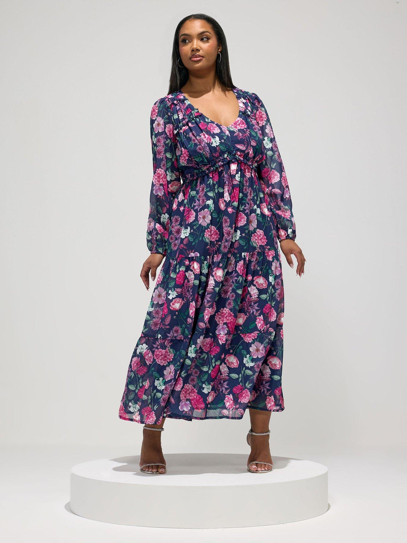Image 1 of 5 of Yours Curve Long Sleeve Floral Boho Dress