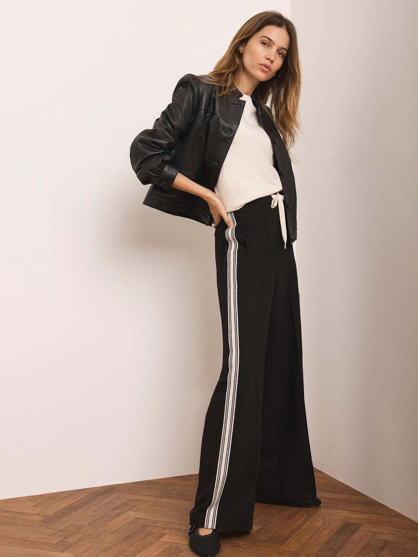 Image 1 of 7 of Mint Velvet Crochet Side Stripe Wide Trousers - Black