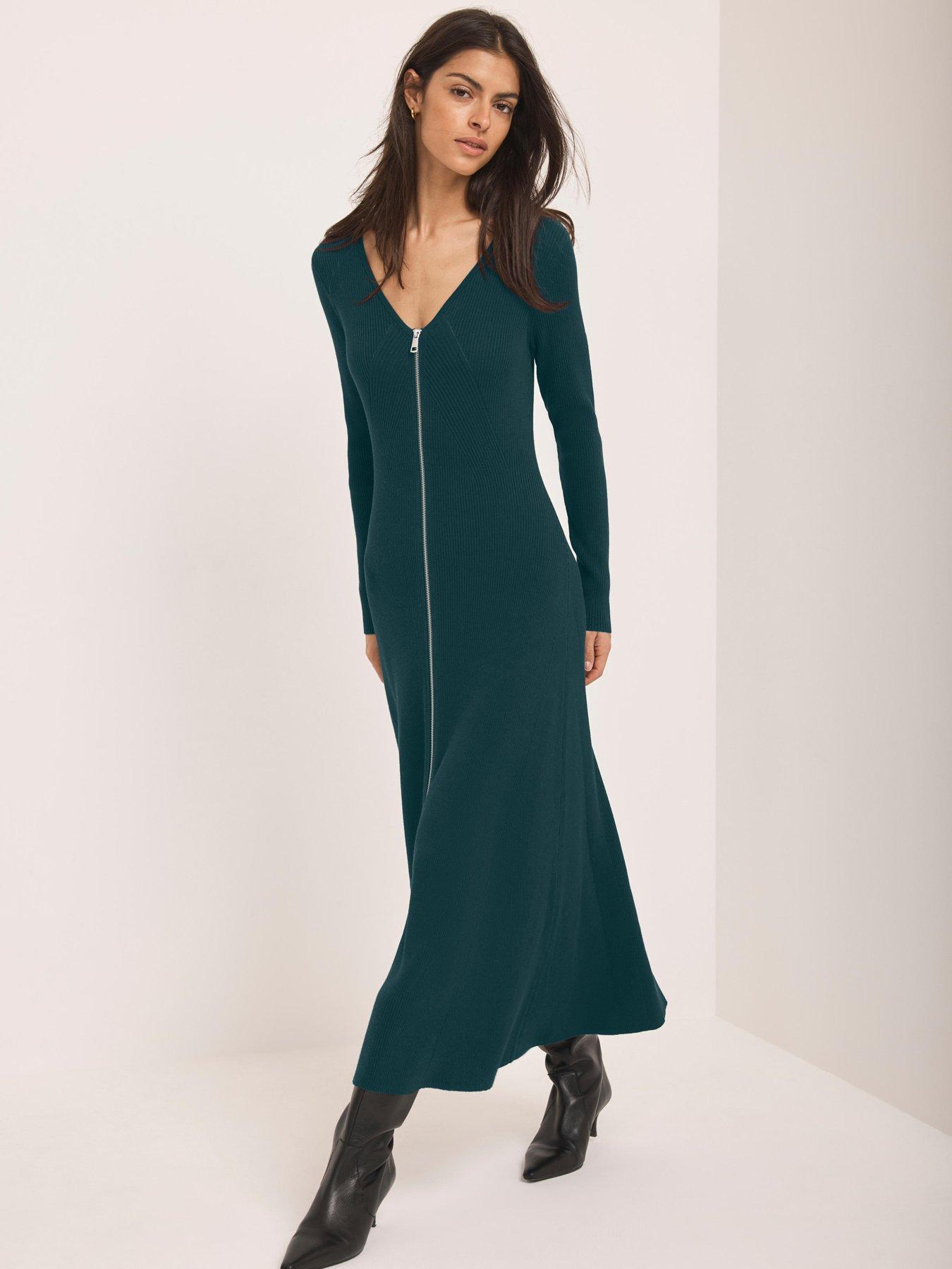 Image 1 of 6 of Mint Velvet Teal Knit Zip Maxi Dress - Green