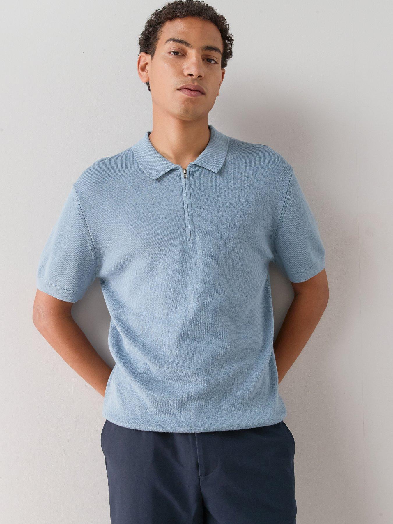 Image 1 of 7 of The Very Collection Cotton Rich Short Sleeve Zip Neck Polo - Denim - Blue