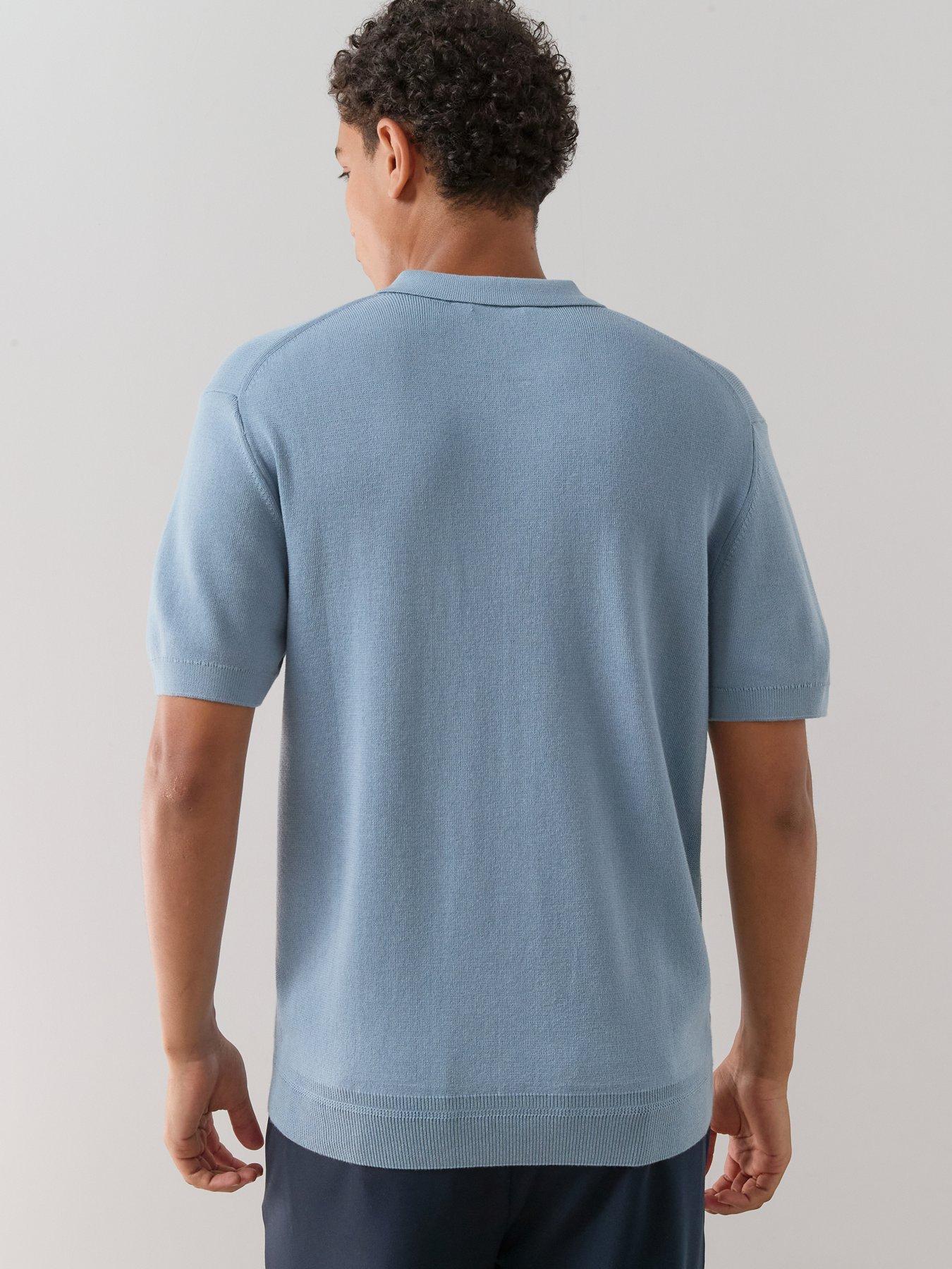 Image 2 of 7 of The Very Collection Cotton Rich Short Sleeve Zip Neck Polo - Denim - Blue