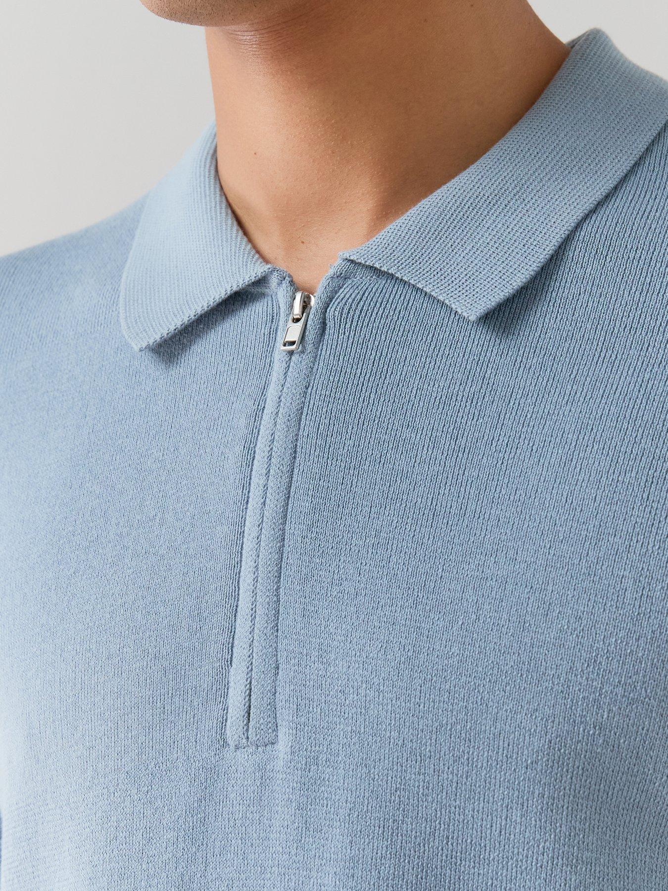 Image 4 of 7 of The Very Collection Cotton Rich Short Sleeve Zip Neck Polo - Denim - Blue