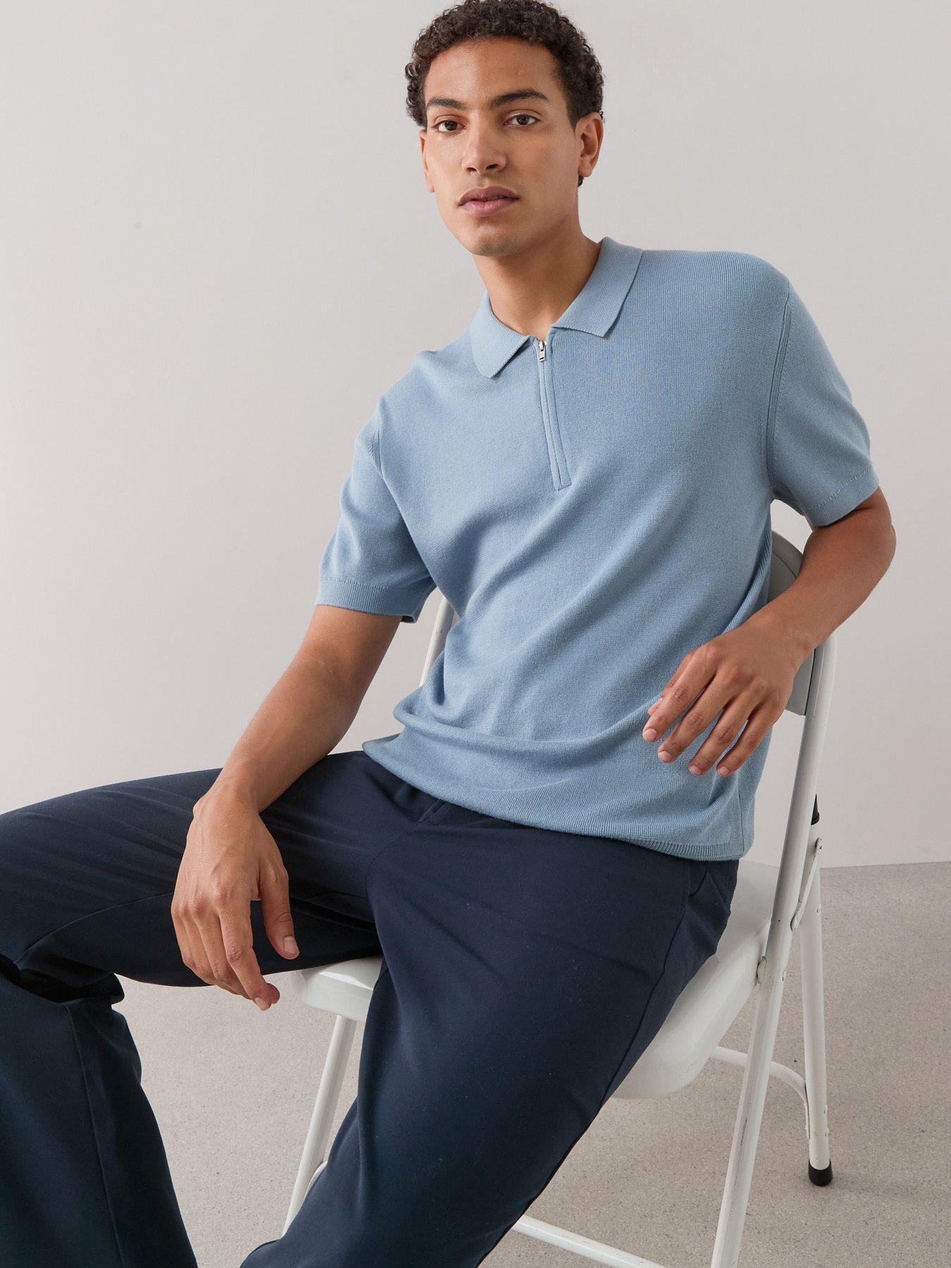 Image 5 of 7 of The Very Collection Cotton Rich Short Sleeve Zip Neck Polo - Denim - Blue