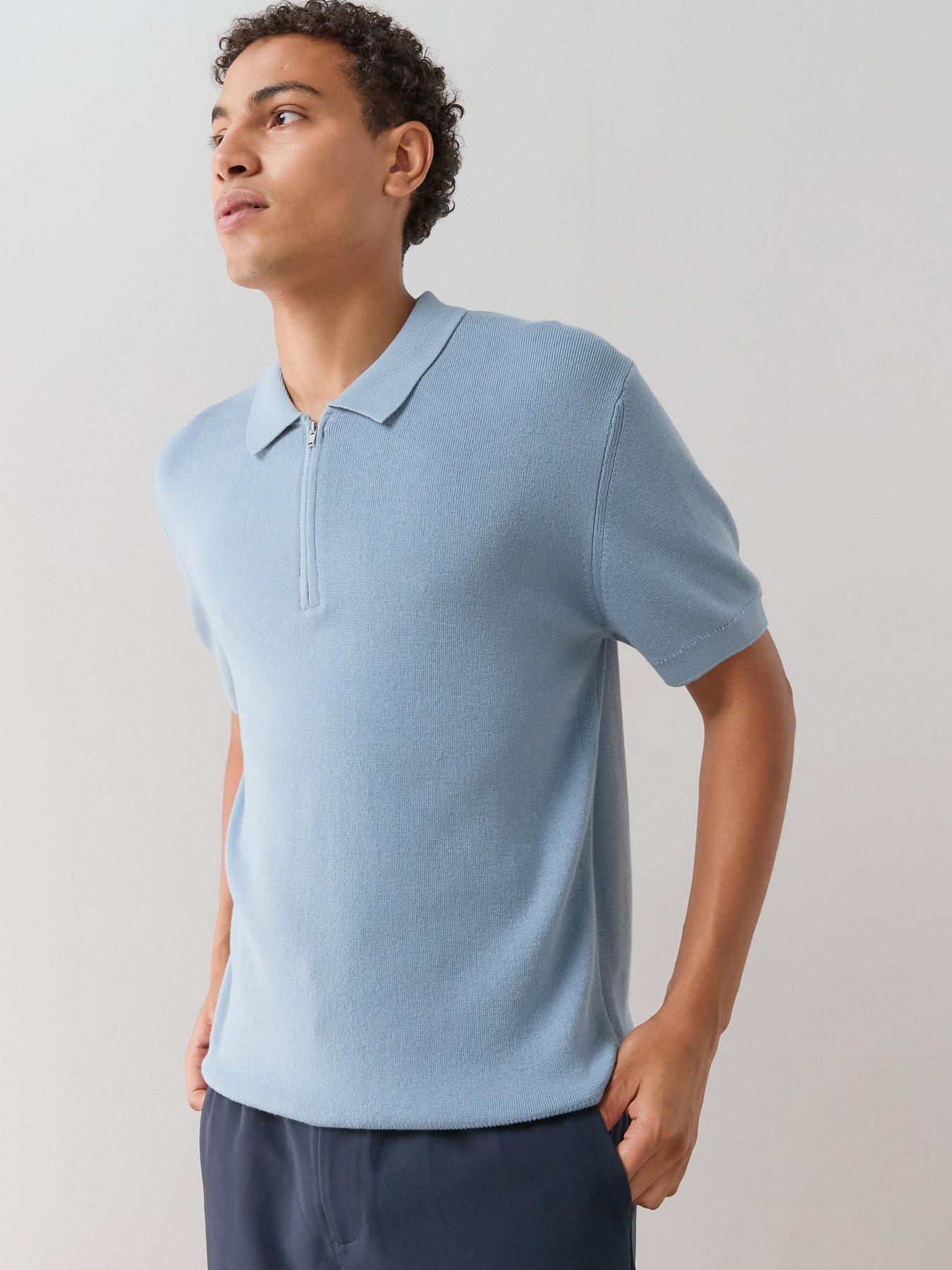 Image 6 of 7 of The Very Collection Cotton Rich Short Sleeve Zip Neck Polo - Denim - Blue