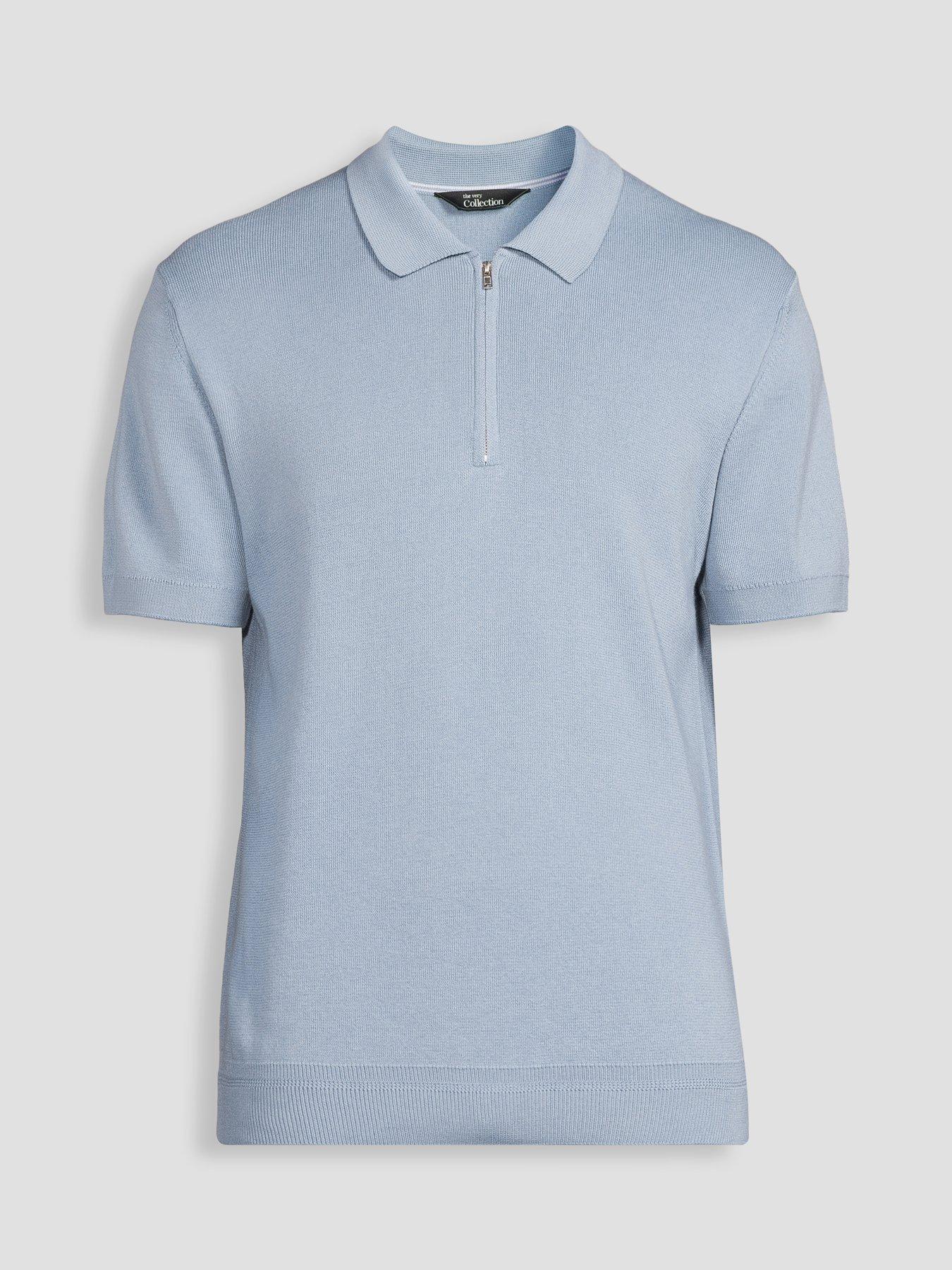 Image 7 of 7 of The Very Collection Cotton Rich Short Sleeve Zip Neck Polo - Denim - Blue