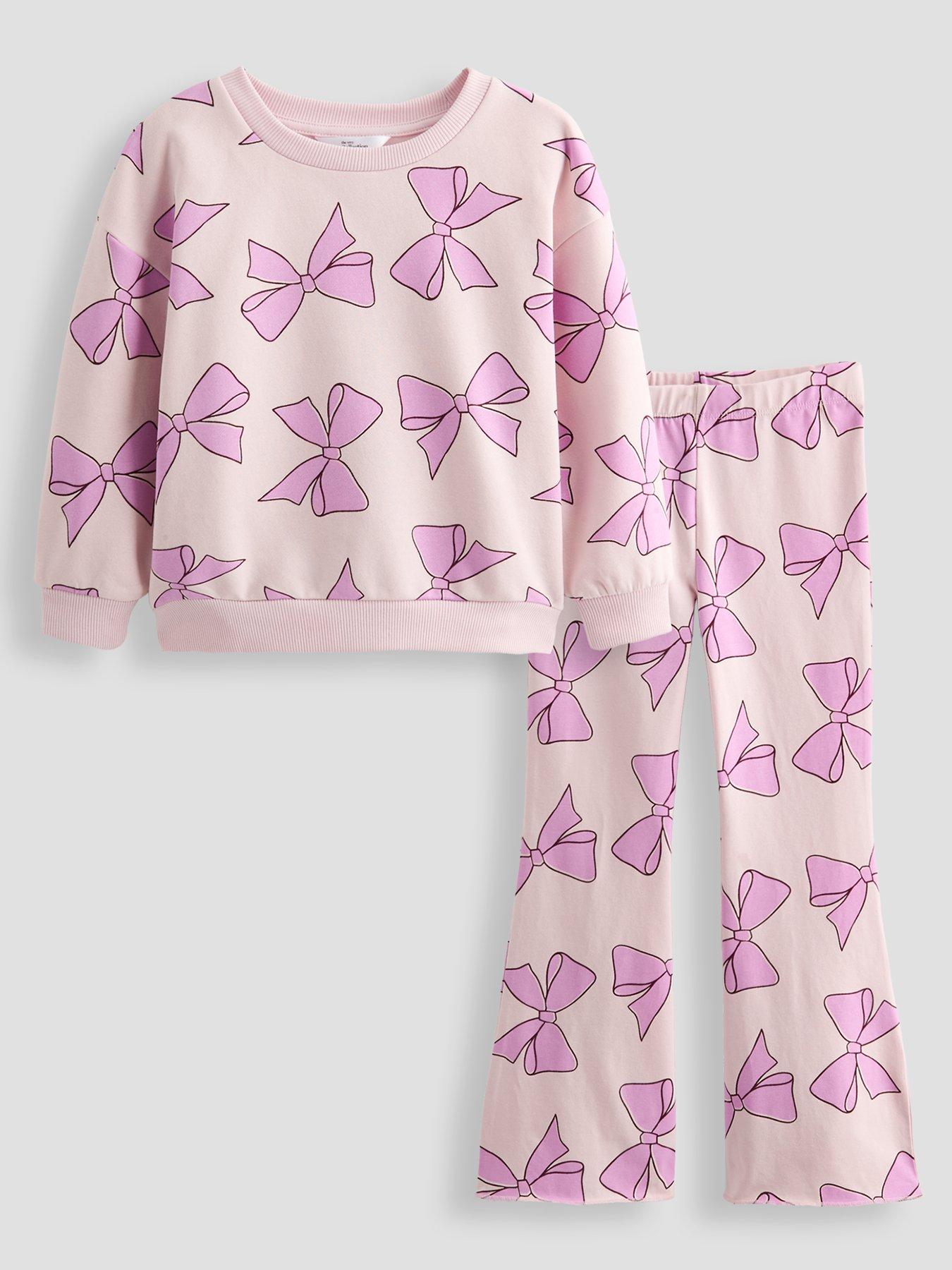 Image 1 of 5 of The Very Collection Girls Bow Print Sweatshirt And Legging Outfit - Pink