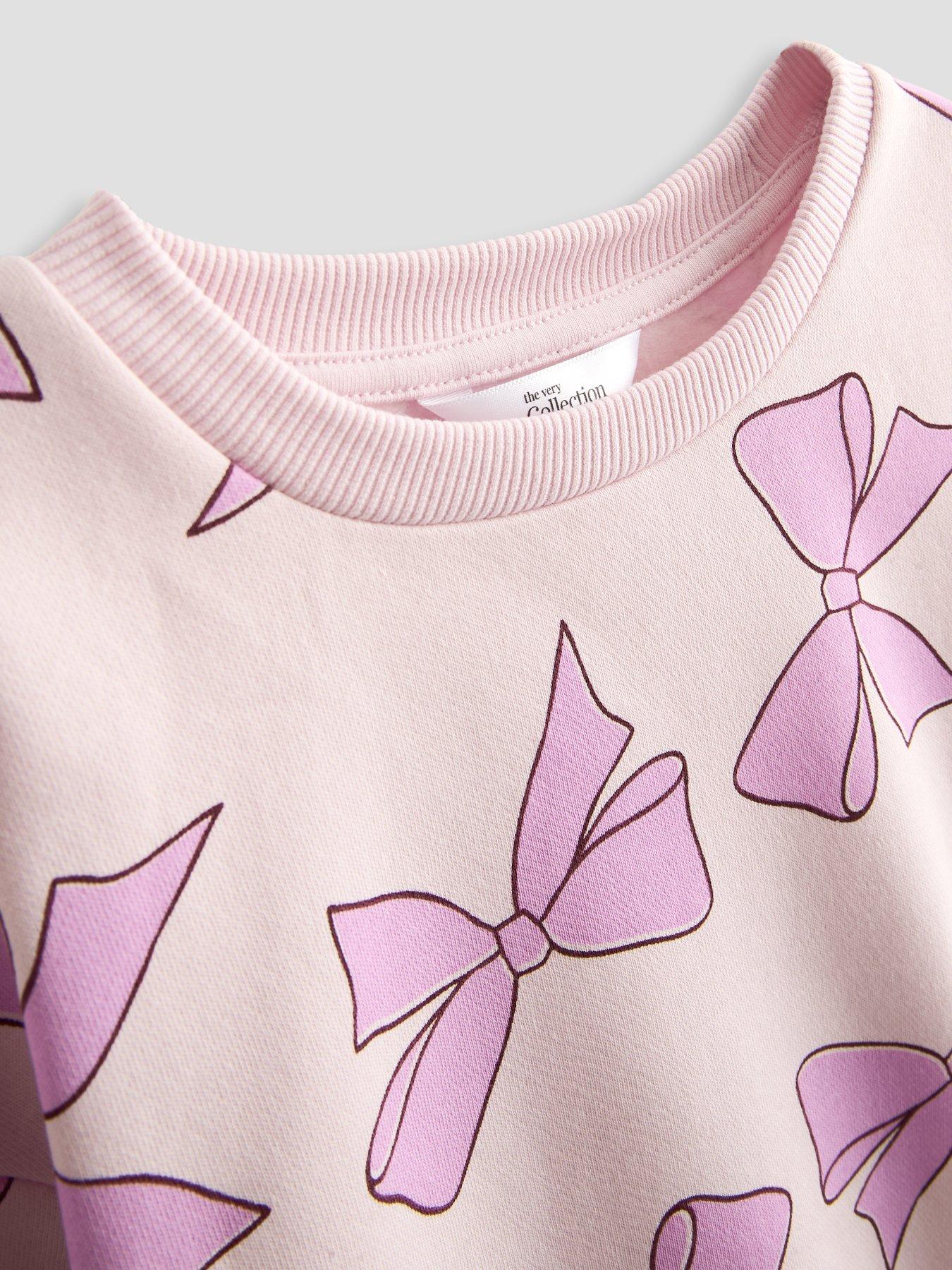 Image 4 of 5 of The Very Collection Girls Bow Print Sweatshirt And Legging Outfit - Pink