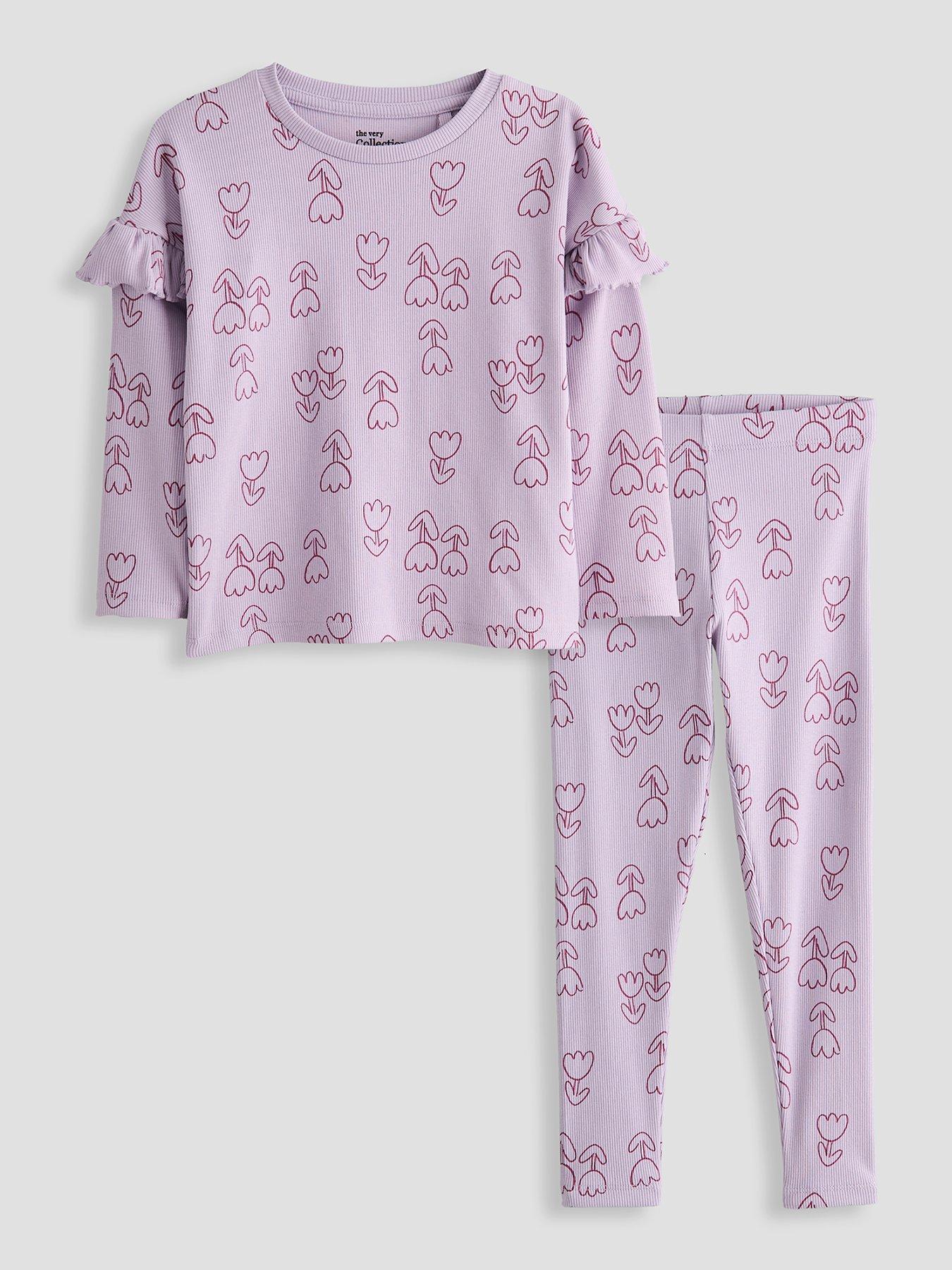 Image 1 of 5 of The Very Collection Girls Flower Print Rib Outfit - Purple