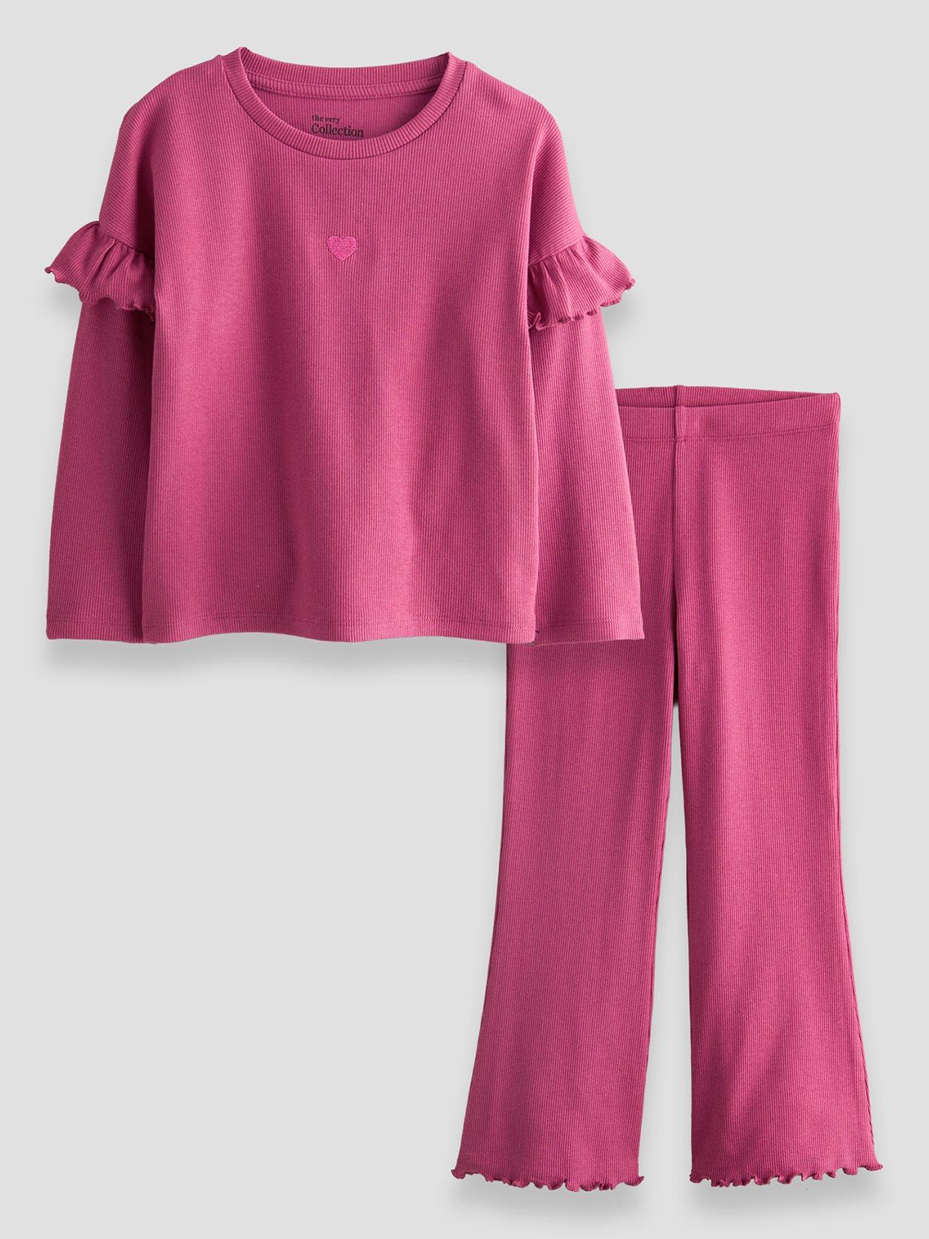 The Very Collection Girls Frill Rib Long Sleeve Outfit Set - Pink