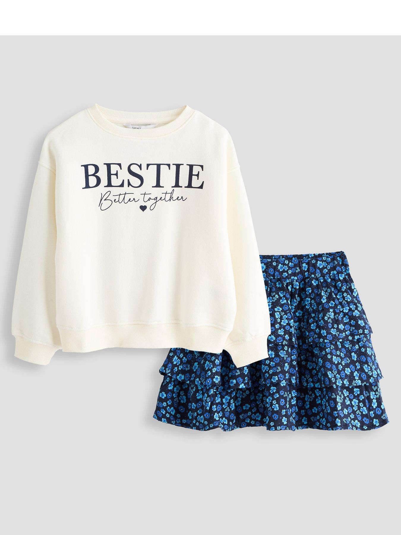 The Very Collection Girls Sweat And Tiered Skirt Set - Cream/Blue