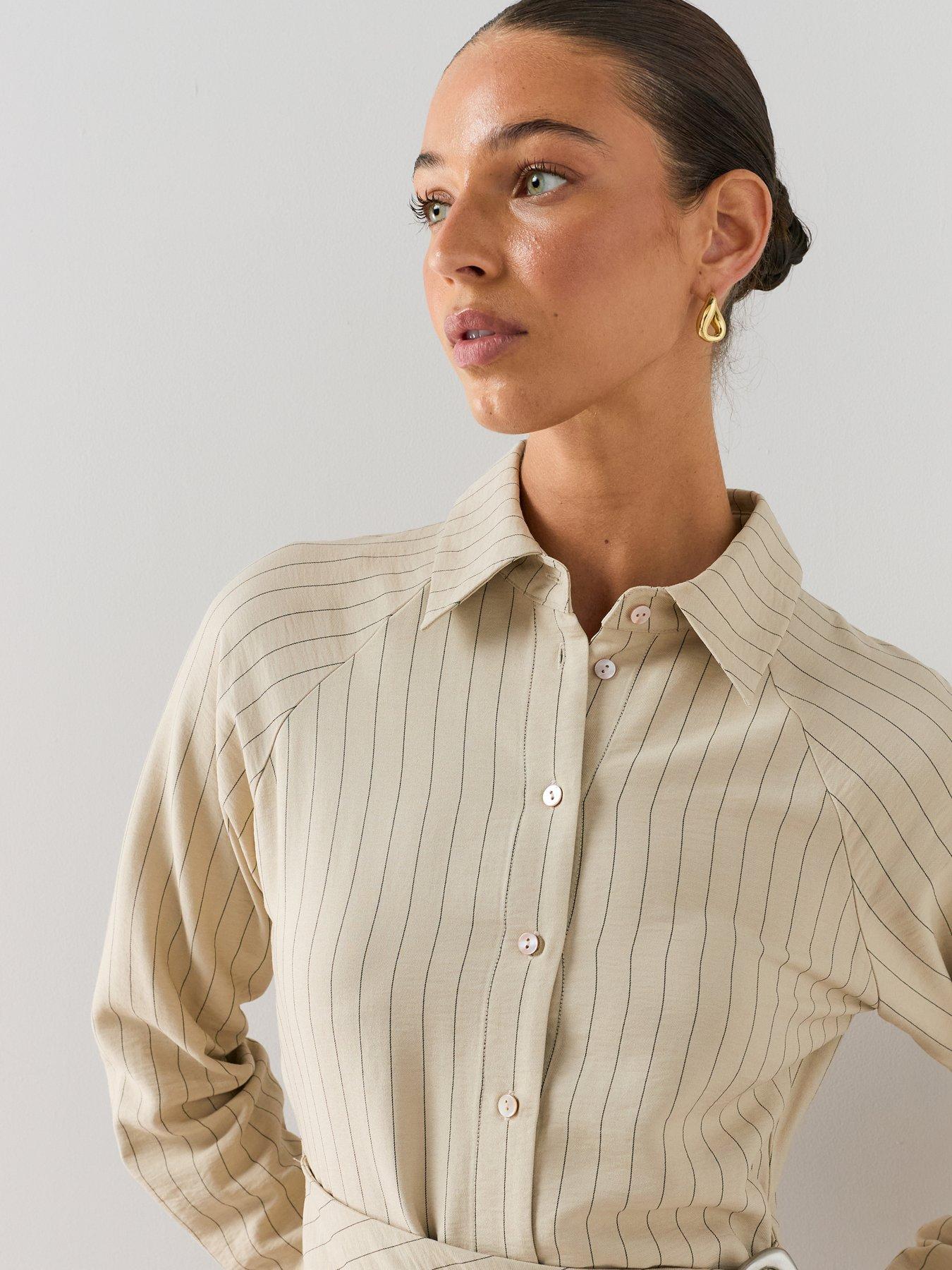 cream pinstripe dress The Very Collection Womens Wrap Detail Shirt - Beige Sleeve Length:Short Sleeve art deco beading Linen suit Wholesale Blank White Tank Perfect for formal events