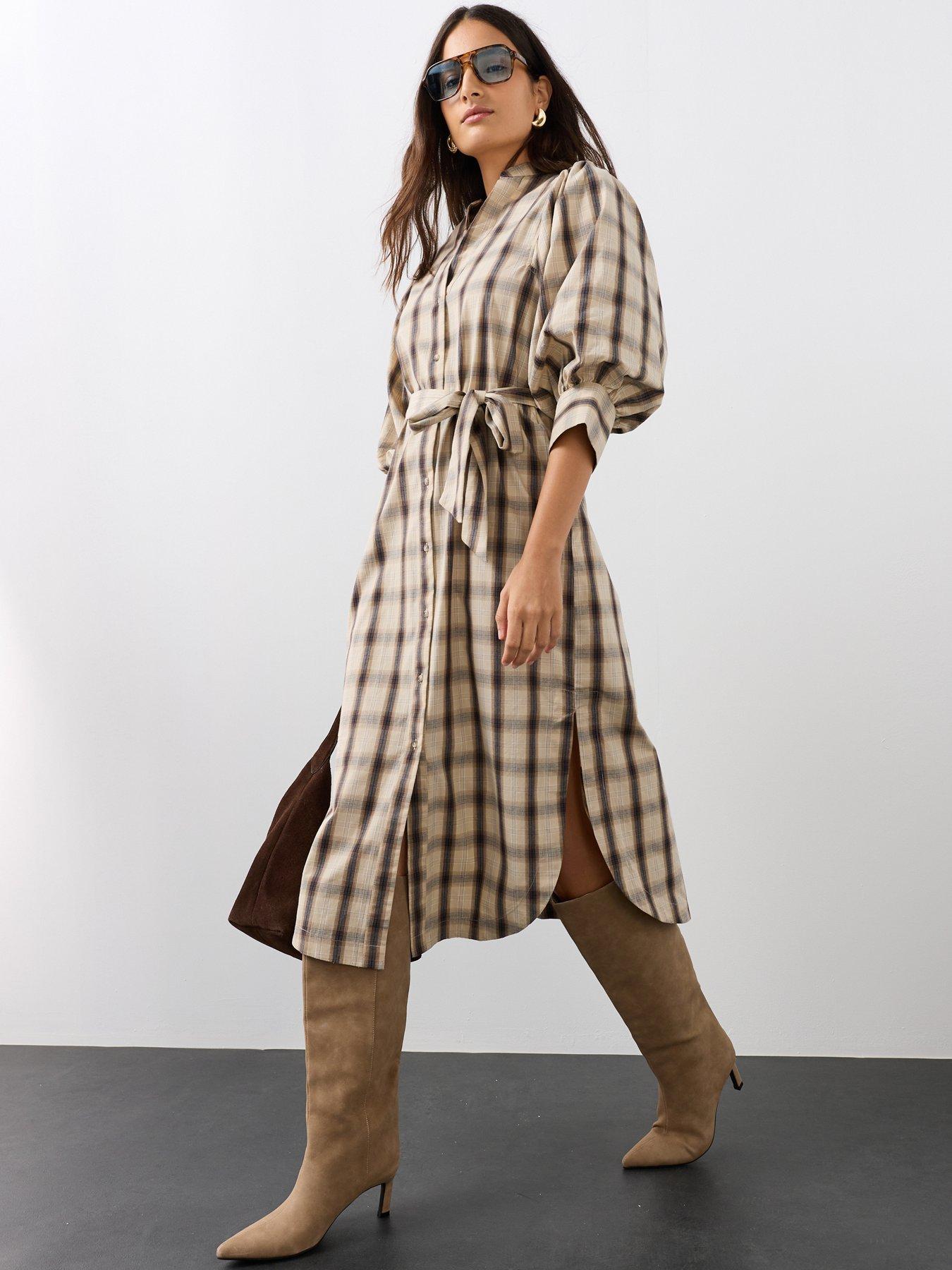 The Very Collection Puff Sleeve Tie Belt Checked Dress