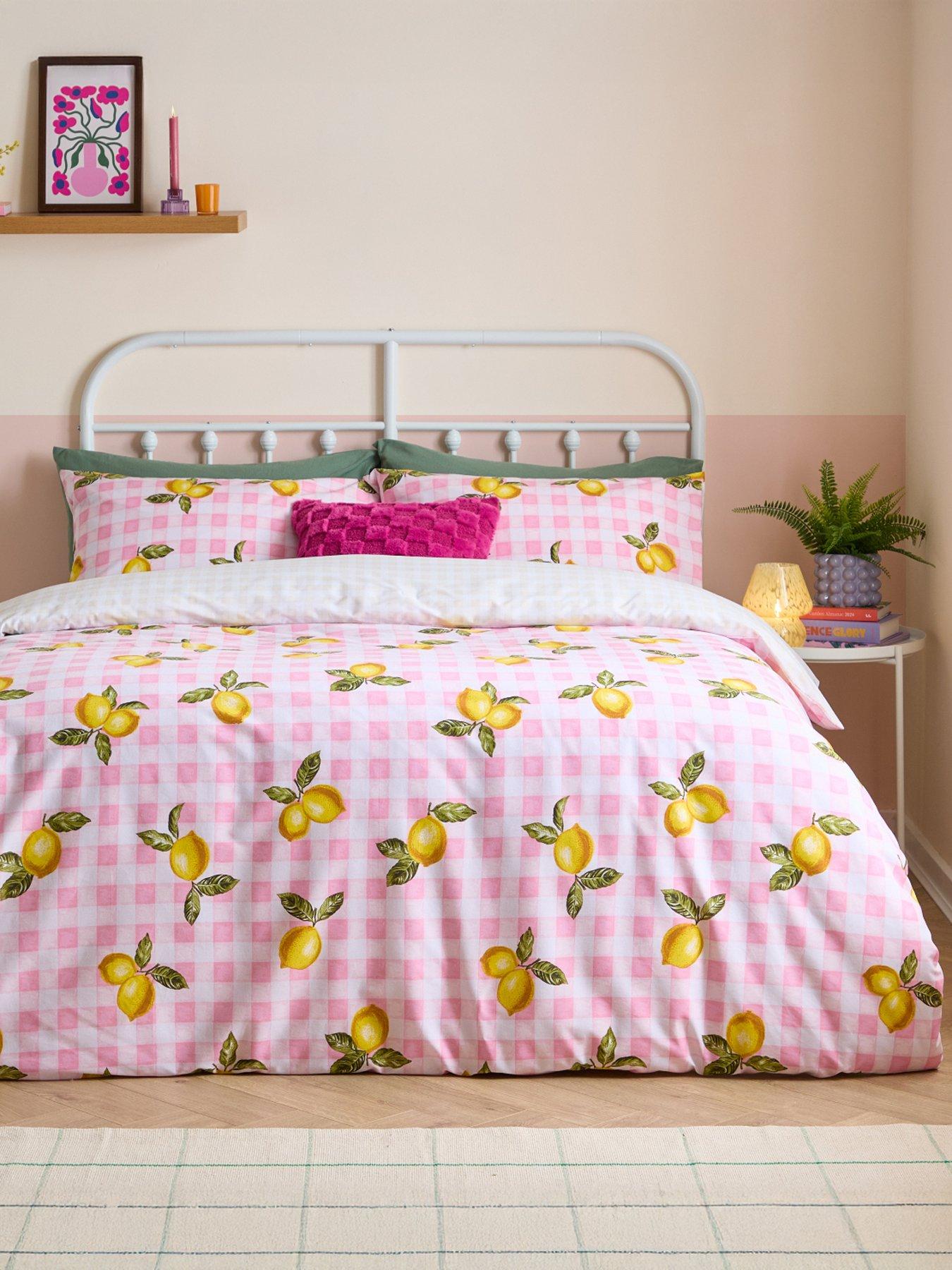 heya-home-gingham-lemons-super-king-duvet-set-pink
