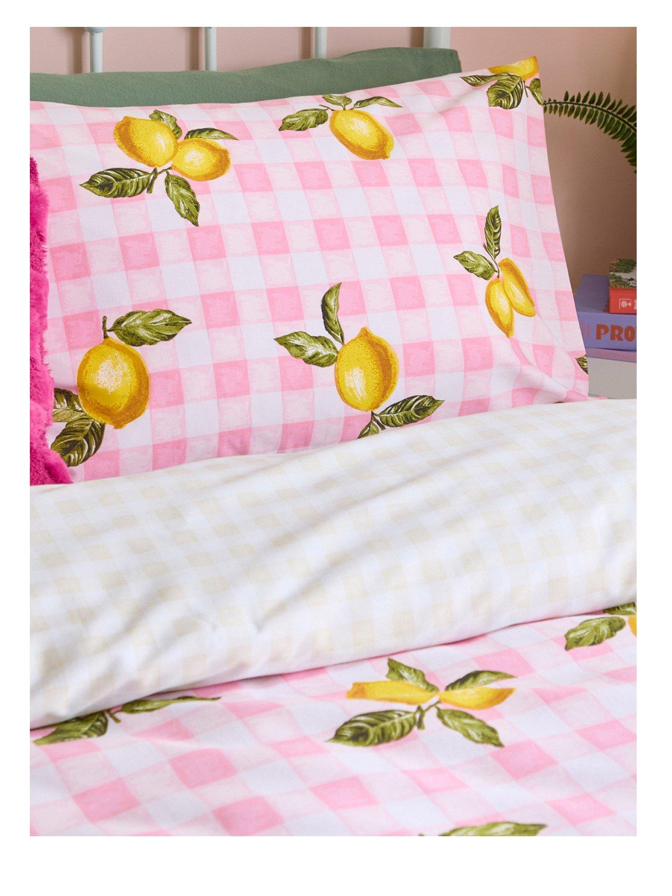 Image 2 of 3 of Heya Home Gingham Lemons Super King Duvet Set Pink