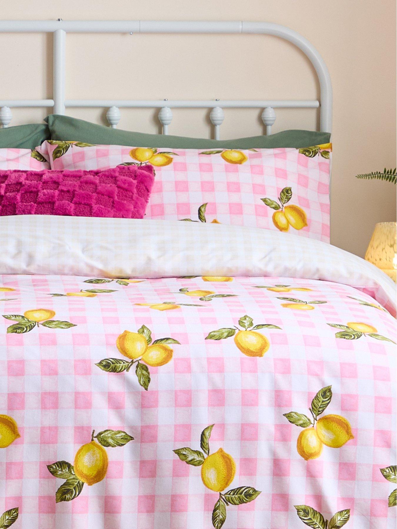 Image 3 of 3 of Heya Home Gingham Lemons Super King Duvet Set Pink