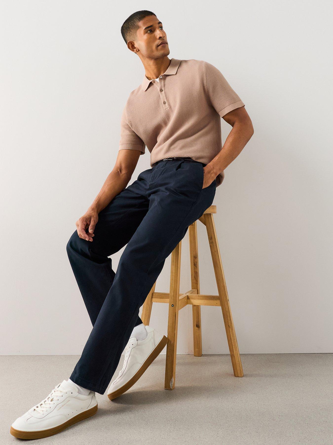 The Very Collection Pure Cotton Pleated Straight Leg Smart Trousers - Navy