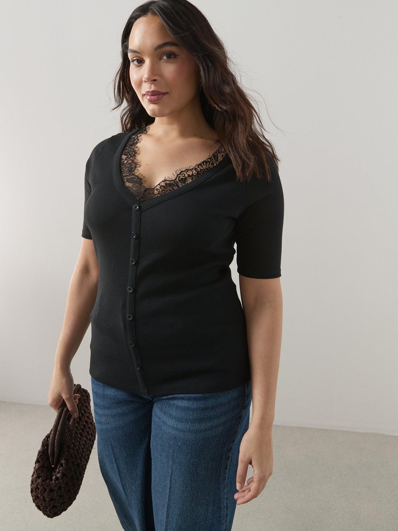 The Very Collection Curve Lace Trim Short Sleeve Top - Black