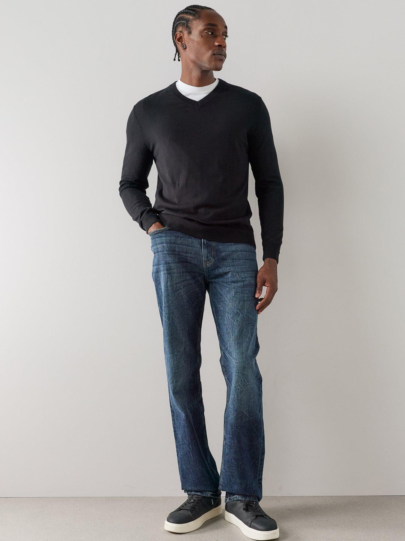 Image 1 of 7 of The Very Collection Cross Hatch Straight Fit Marble Jeans With Stretch - Dark Blue