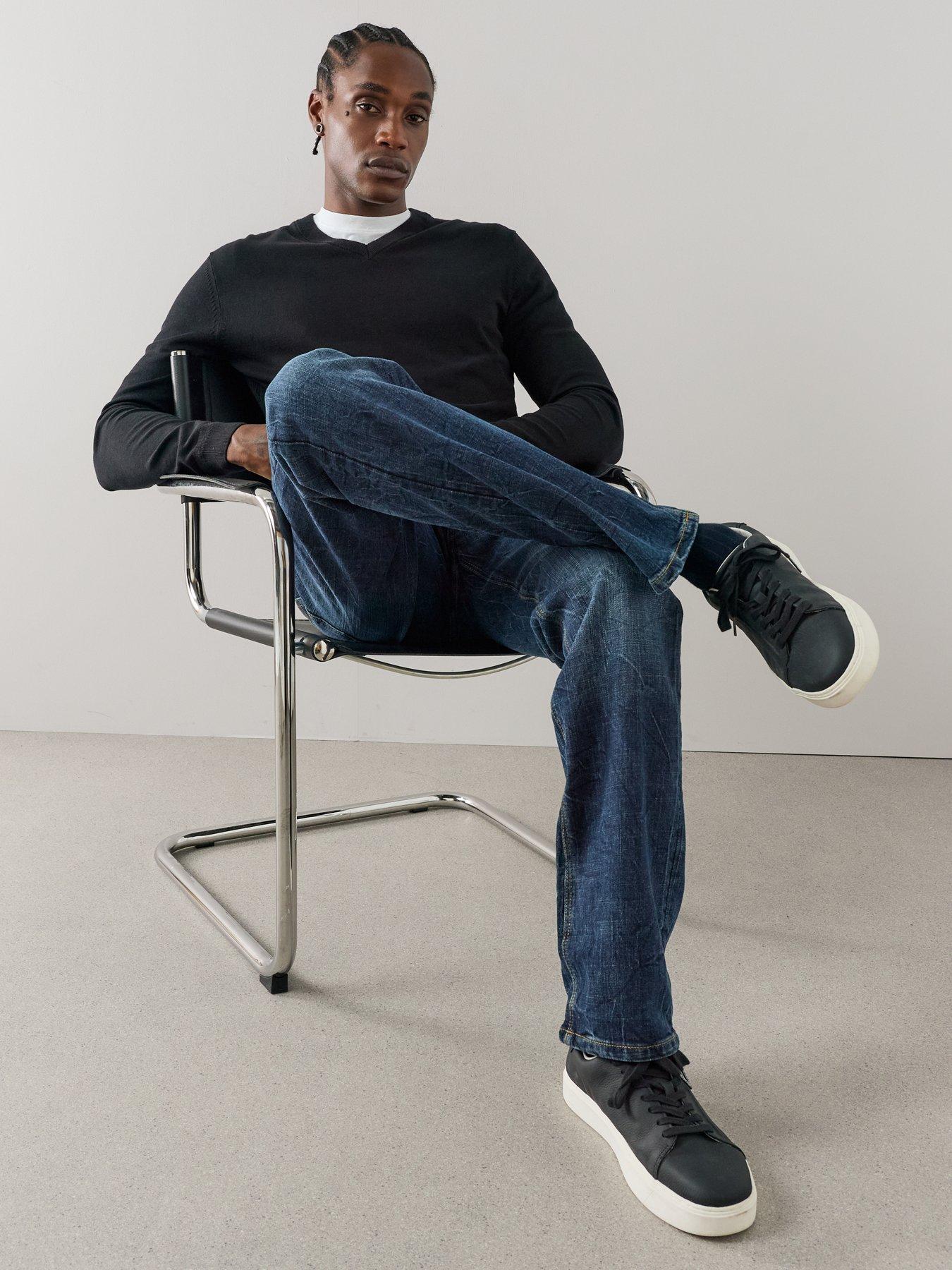 Image 5 of 7 of The Very Collection Cross Hatch Straight Fit Marble Jeans With Stretch - Dark Blue