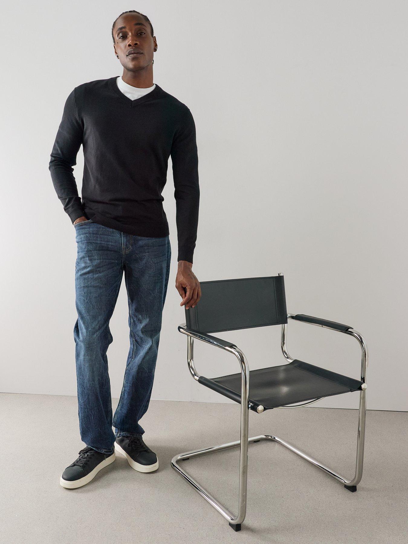 Image 6 of 7 of The Very Collection Cross Hatch Straight Fit Marble Jeans With Stretch - Dark Blue