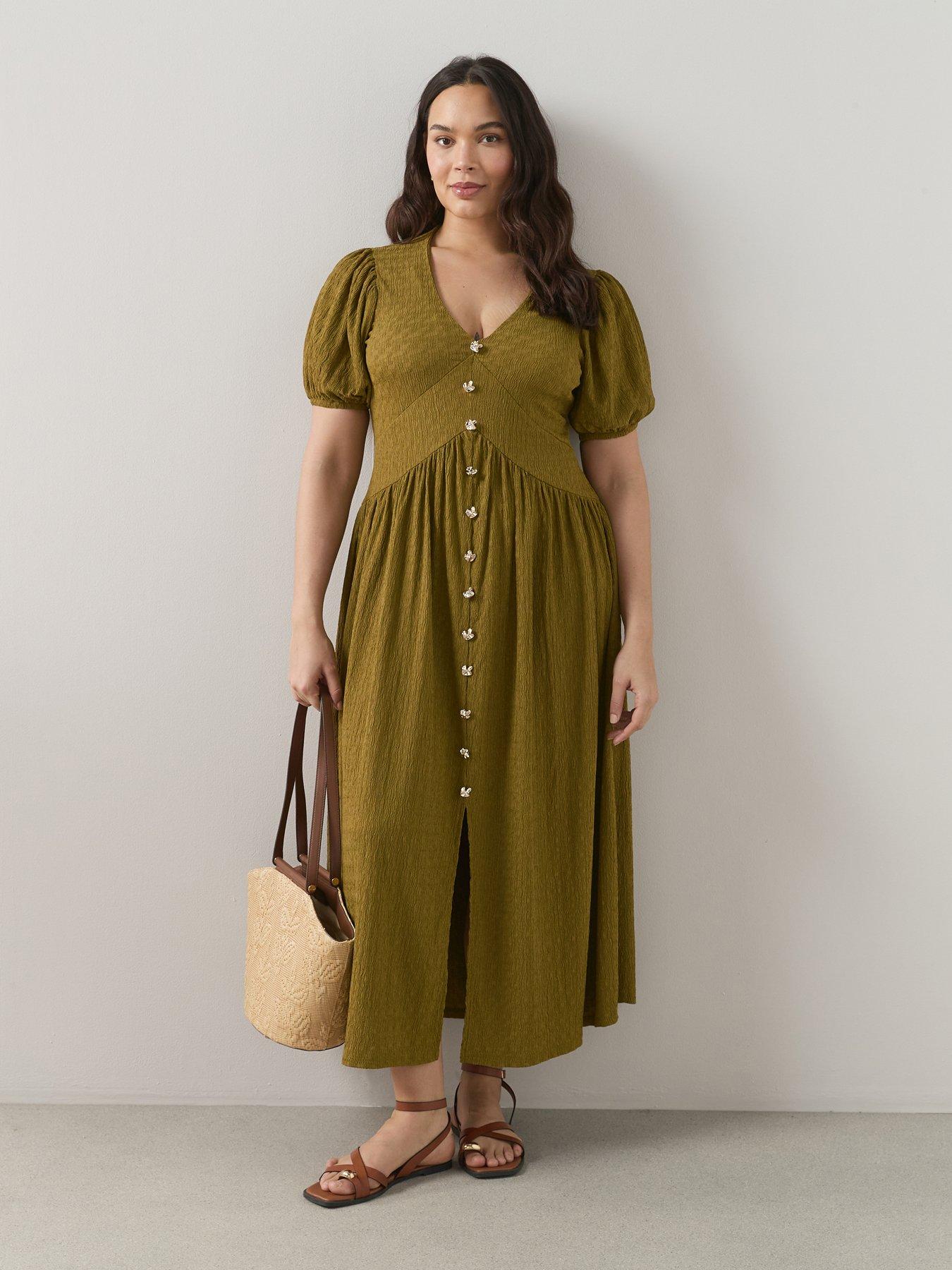 Image 1 of 6 of The Very Collection Curve Crinkle Button Detail Midi Dress - Olive