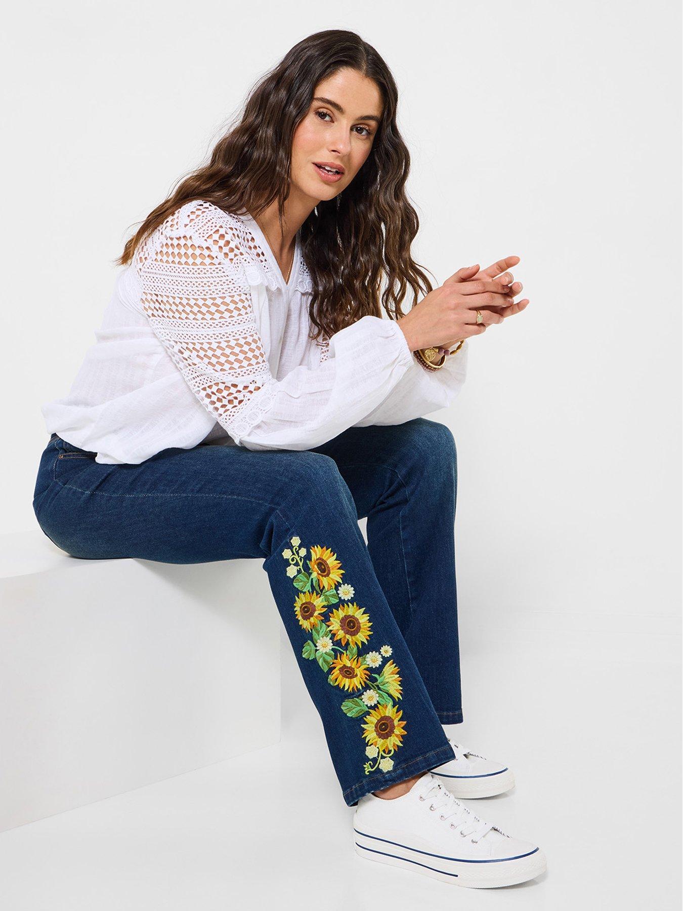 Image 1 of 7 of Joe Browns Sophia Sunflower Embroidered Flared Jeans - Blue