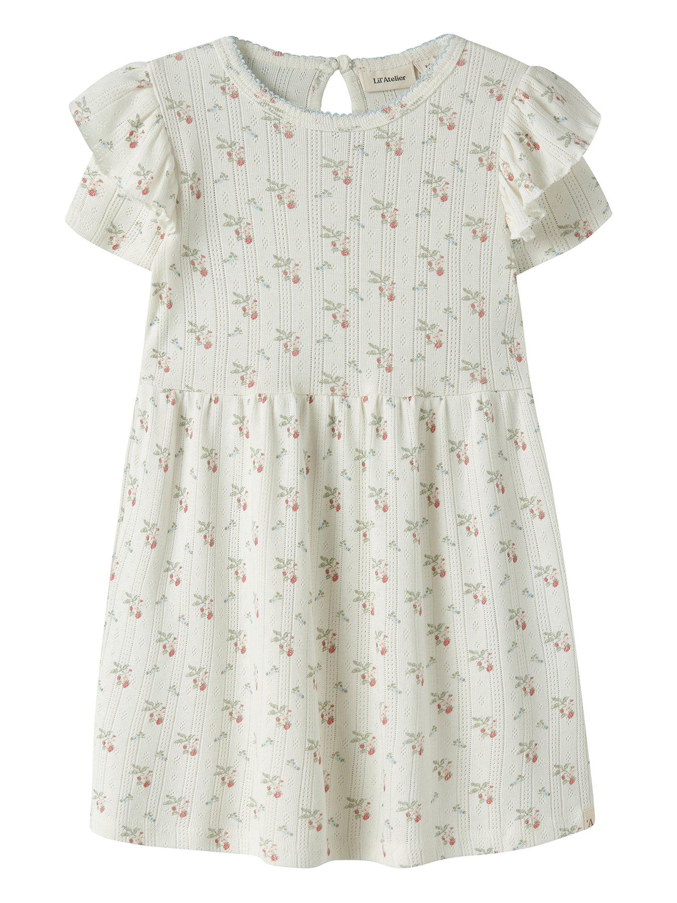 Image 2 of 5 of Lil Atelier Mini Girls Sibling Strawberry Pointelle Dress - Cream