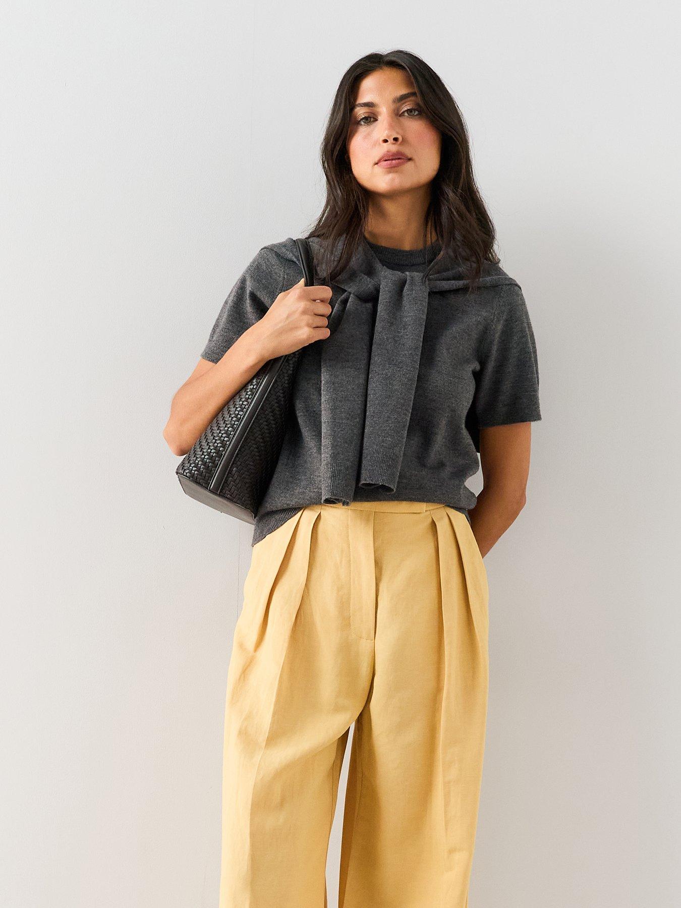 The Very Collection Short Sleeve Tie Neck Knitted Top With Wool - Grey
