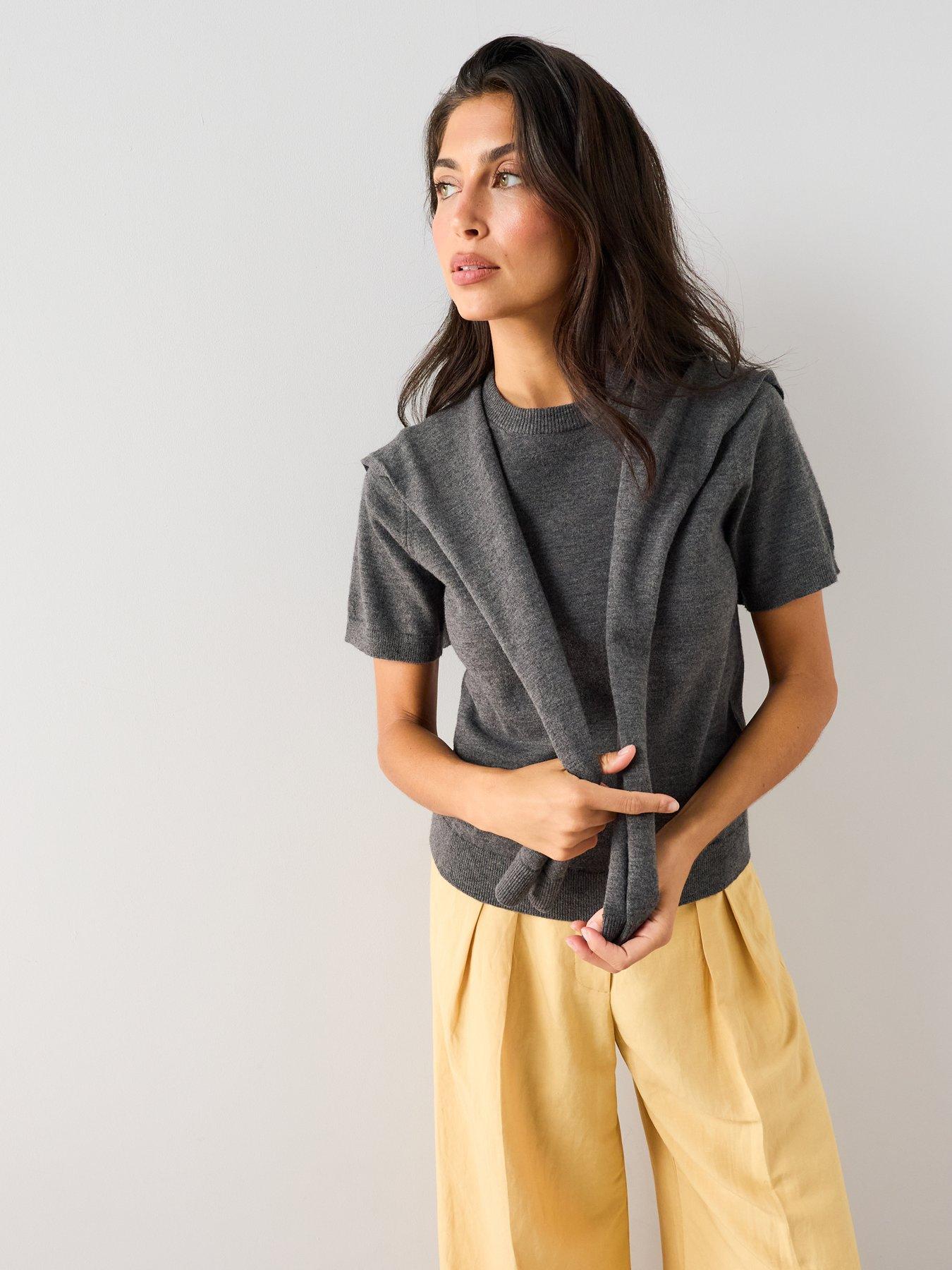 Image 5 of 7 of The Very Collection Short Sleeve Tie Neck Knitted Top With Wool - Grey