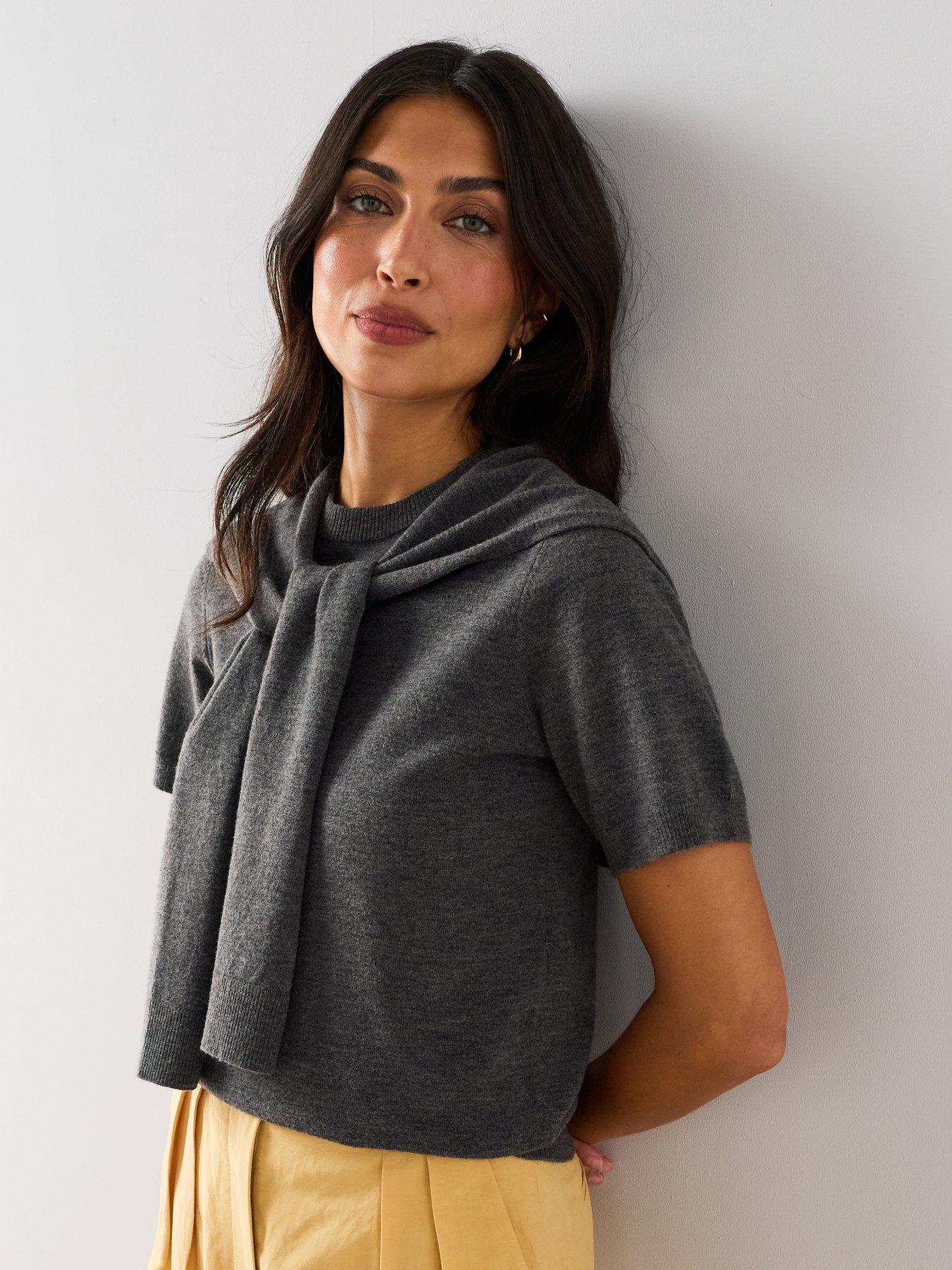 Image 6 of 7 of The Very Collection Short Sleeve Tie Neck Knitted Top With Wool - Grey