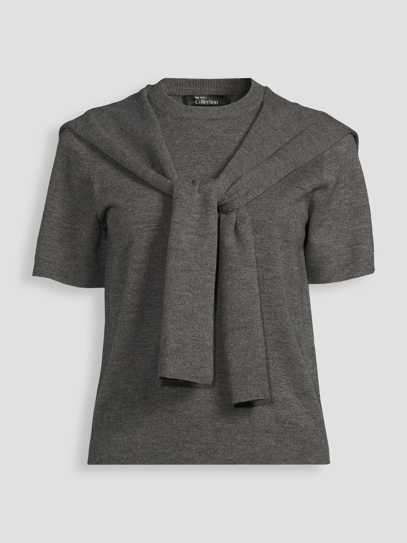 Image 7 of 7 of The Very Collection Short Sleeve Tie Neck Knitted Top With Wool - Grey