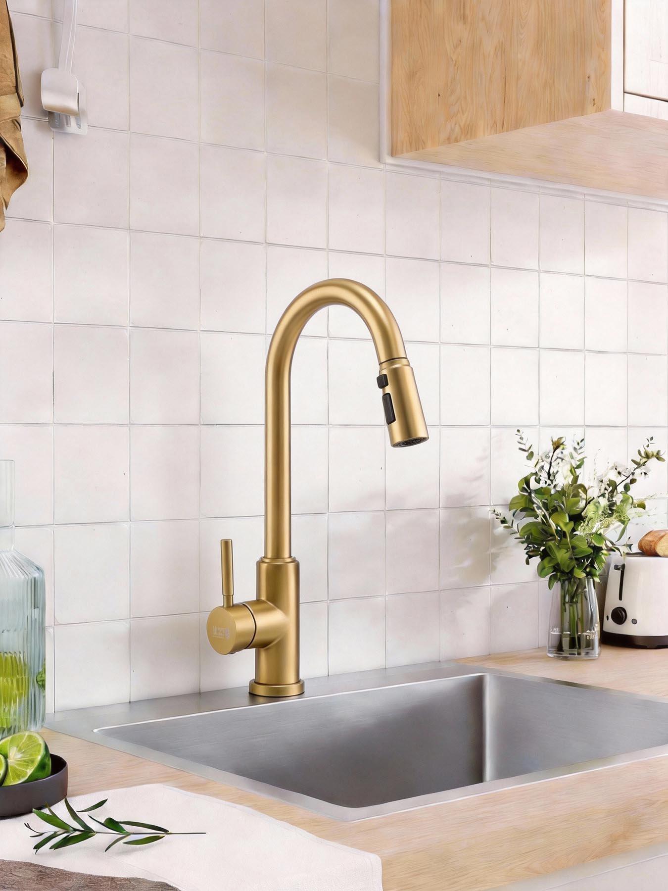 Living and Home Gold Side Lever Spring Neck Pull Out Kitchen Tap