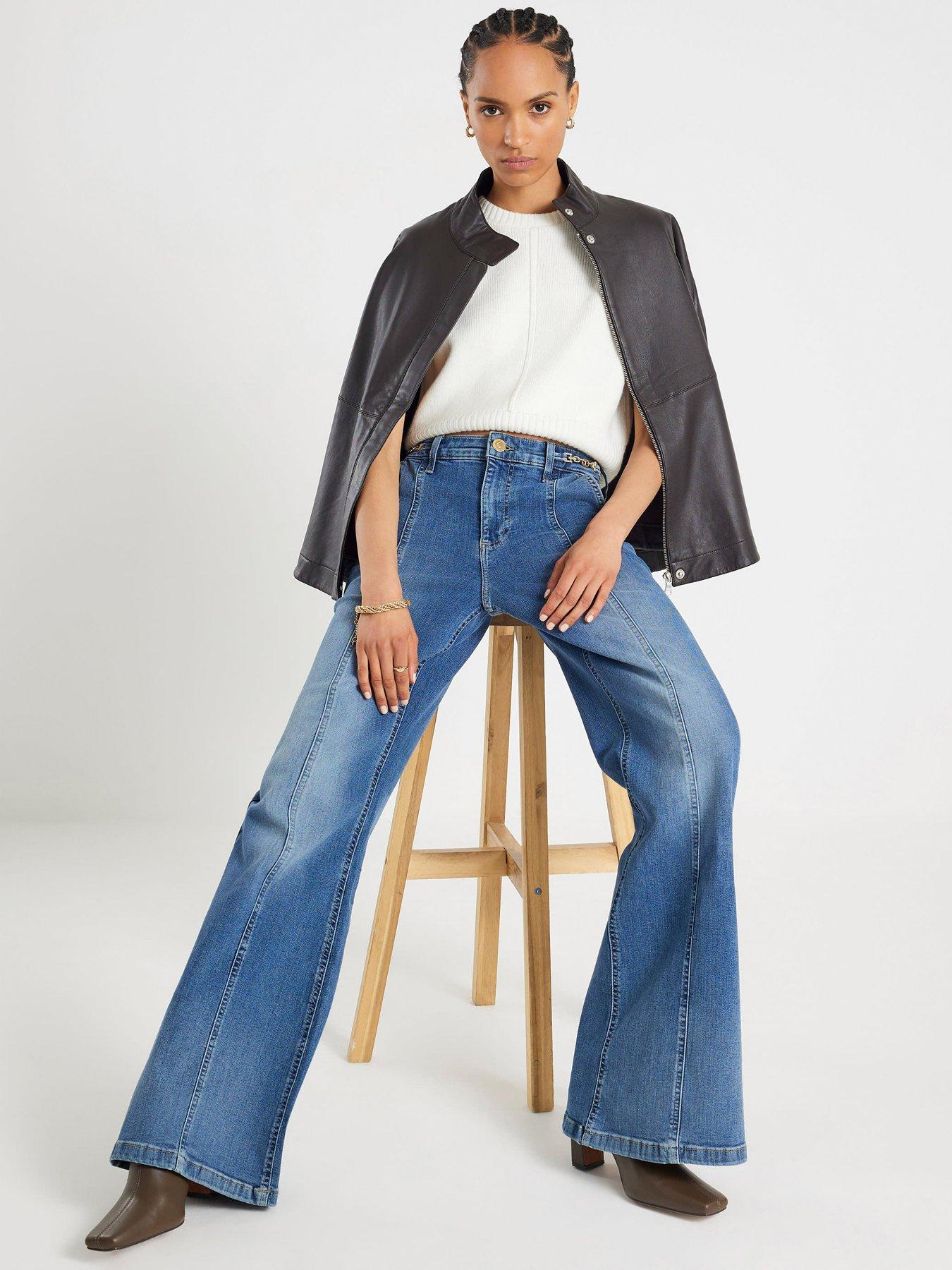 Image 1 of 4 of River Island Silas High Rise Wide Leg Snaffle Detail Jeans- Blue