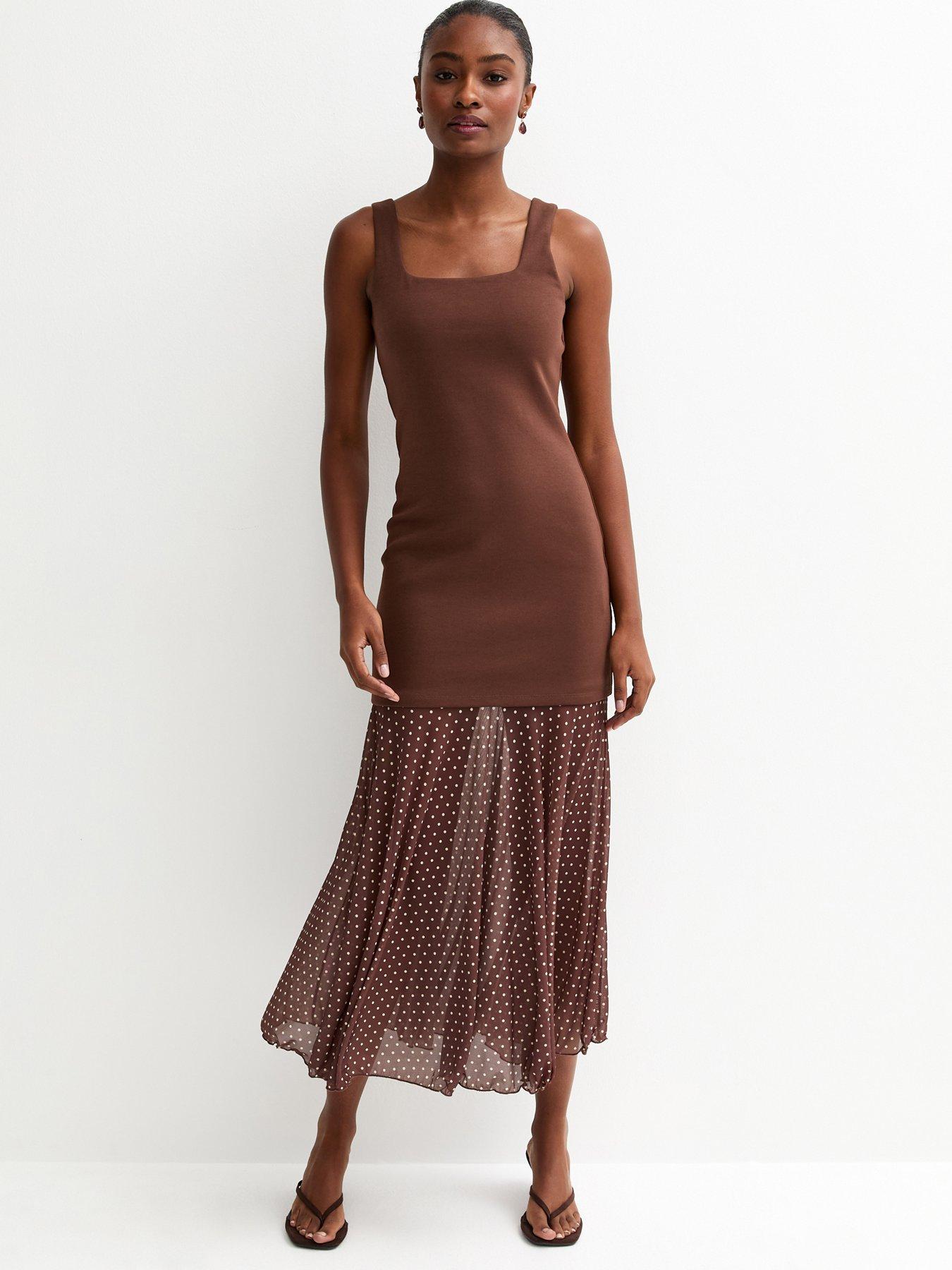 new-look-brown-2-in-1-polka-dot-midi-dressfront