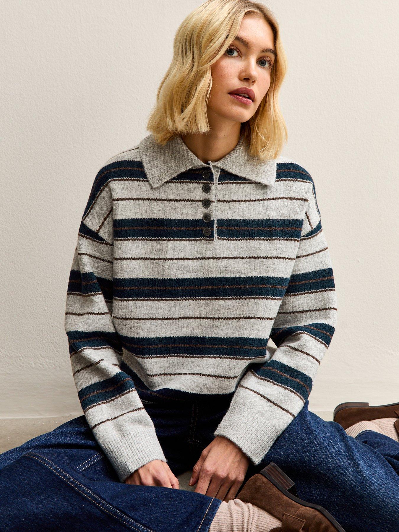New Look Relaxed Fit Striped Long Sleeve Collared Jumper - Grey