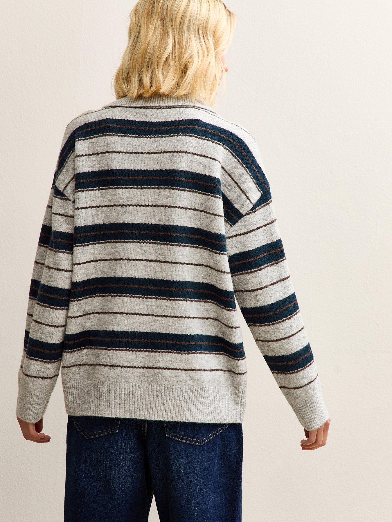 Image 2 of 5 of New Look Relaxed Fit Striped Long Sleeve Collared Jumper - Grey