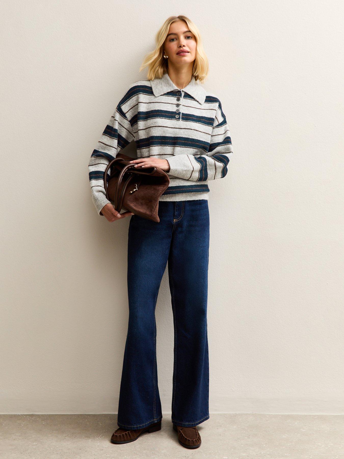 Image 3 of 5 of New Look Relaxed Fit Striped Long Sleeve Collared Jumper - Grey