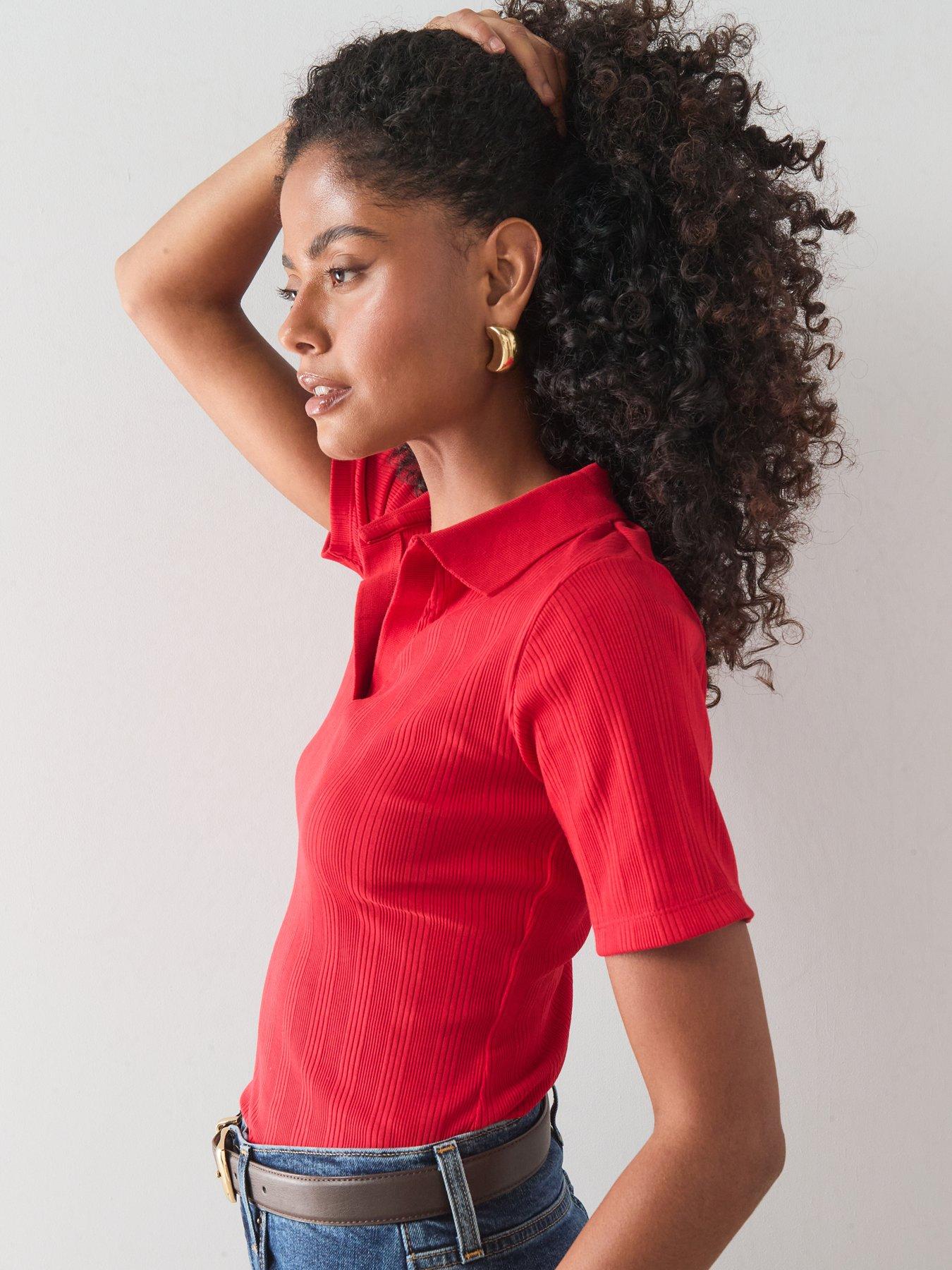 Image 4 of 7 of The Very Collection Women's Textured Short Sleeve Polo Tee - Red